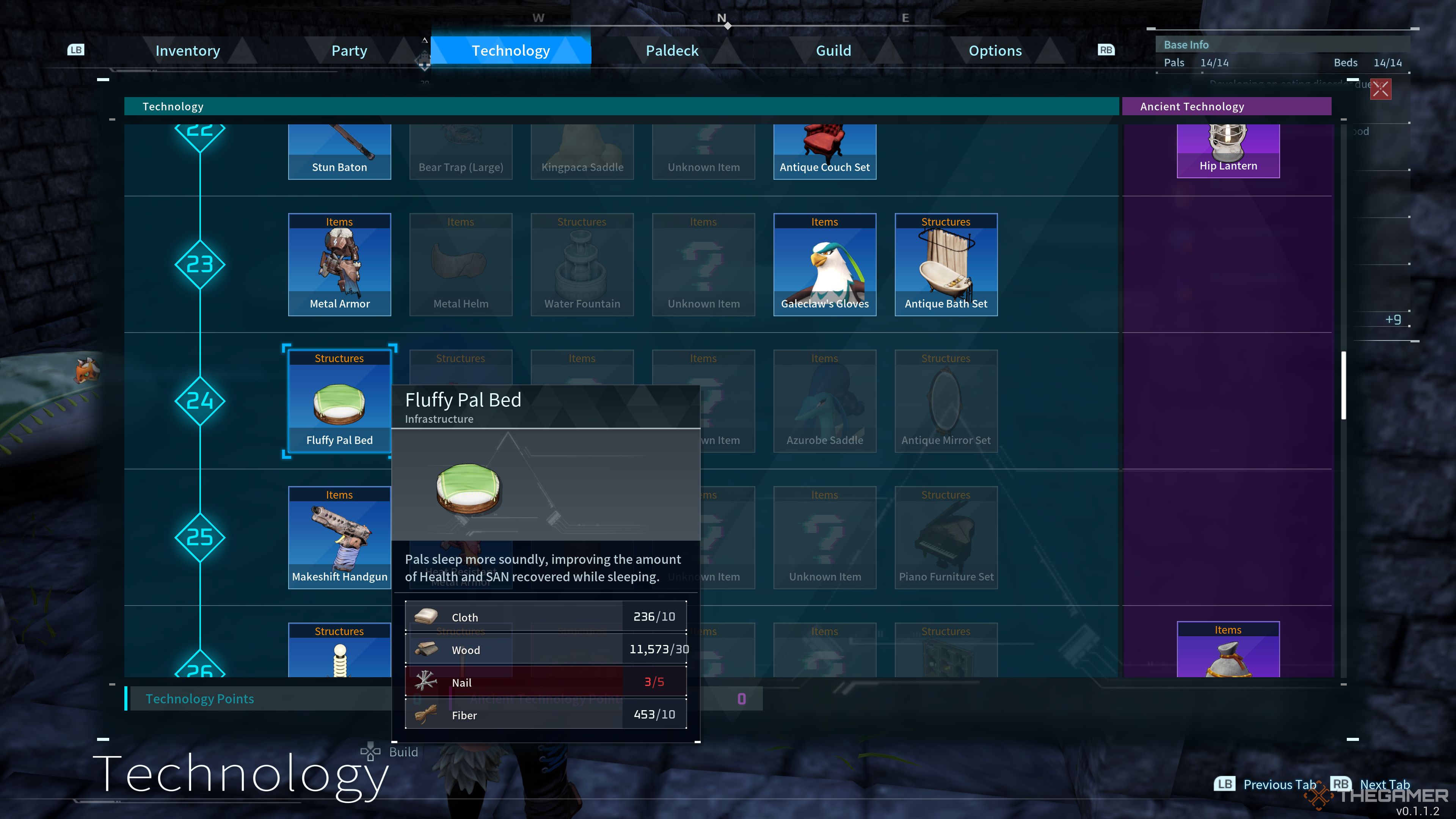 Palworld: Showing where to unlock Fluffy Pal Bed on Technology Tier