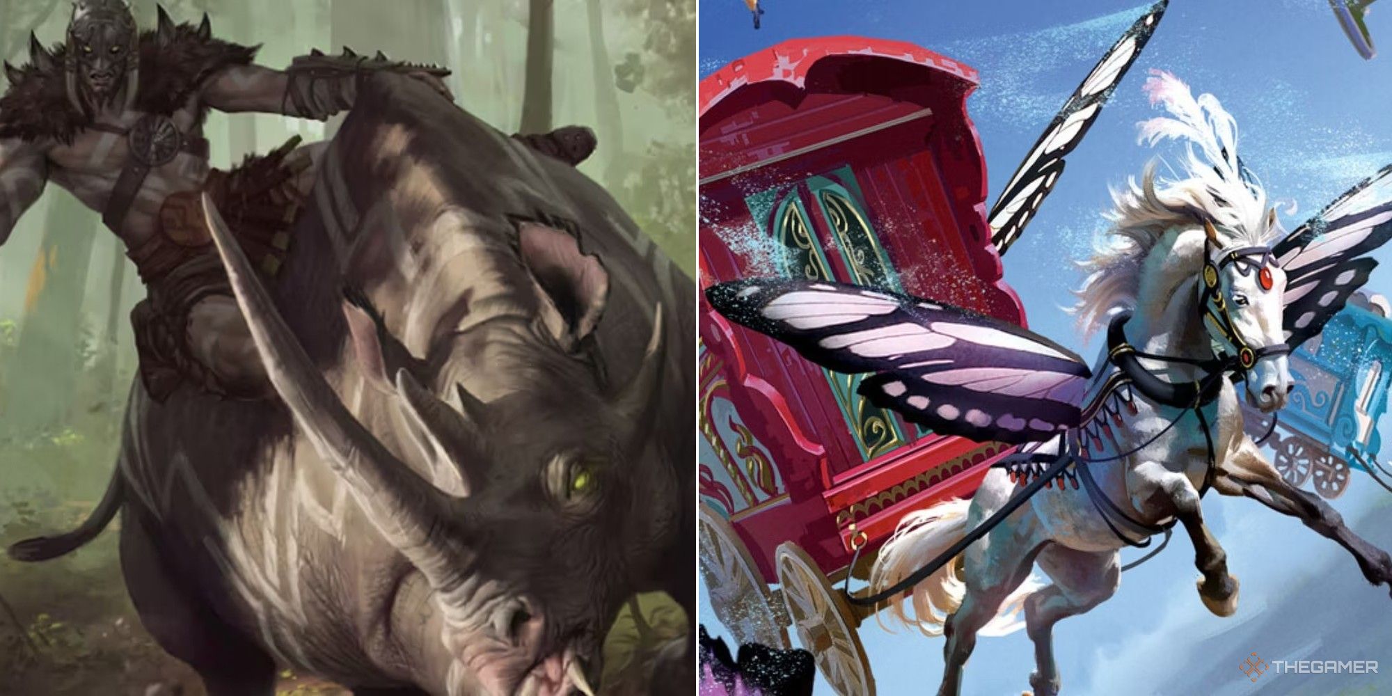 Dungeons & Dragons collage showing a barbarian on a rino and a charriot being pulled by a flying horse-1