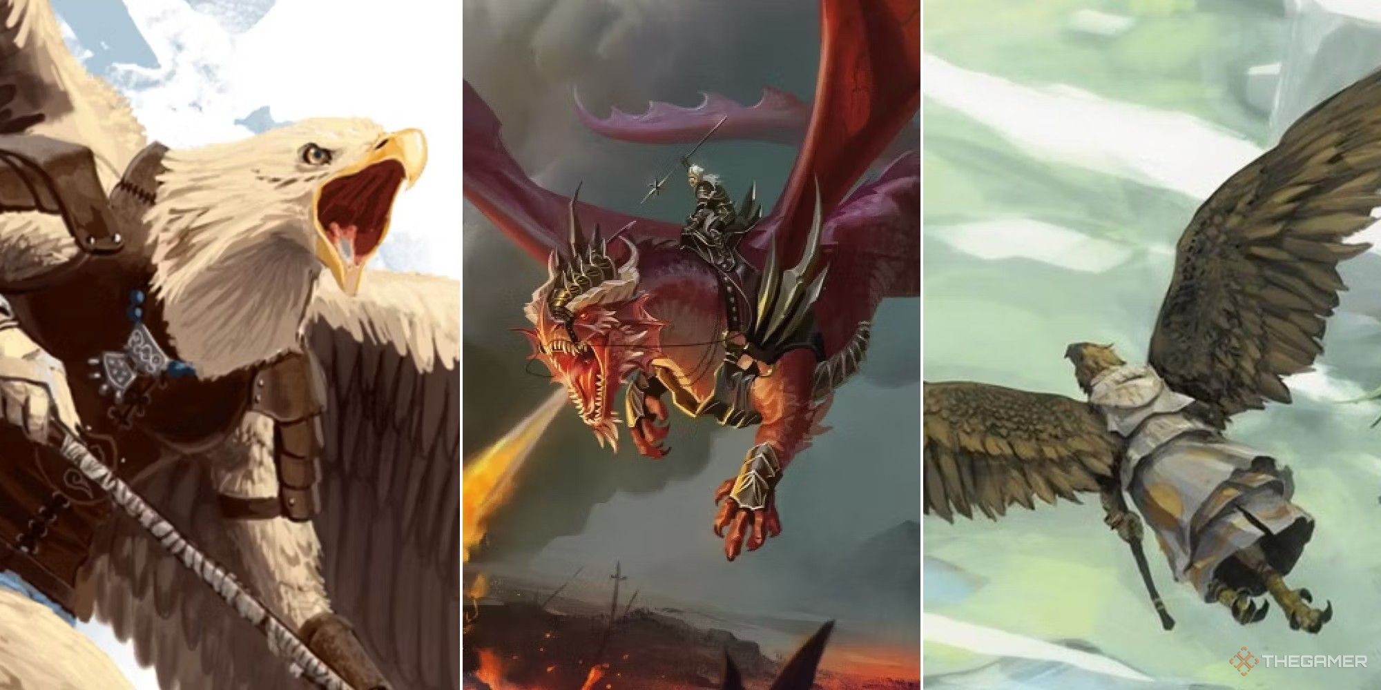 Dungeons & Dragons collage showing two aarakocra and a dragon with its rider