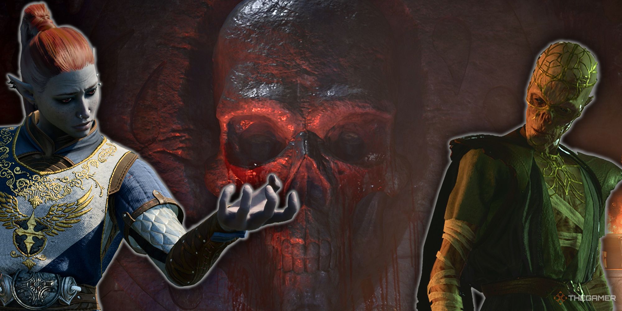 Baldur’s Gate 3 combined image of Dark Urge, Withers, and the Temple of Bhaal