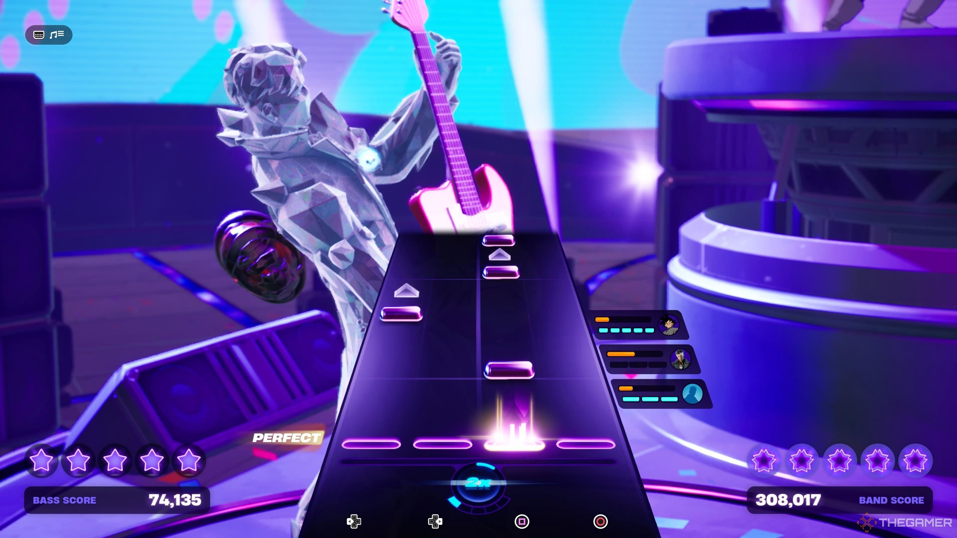 A screenshot from Fortnite's Festival Main Stage showing a diamond Nolan Chase playing guitar while the rhythm gameplay is in the middle of the screen. Five stars on the bottom left and right of the screen can be seen for individual and band score.