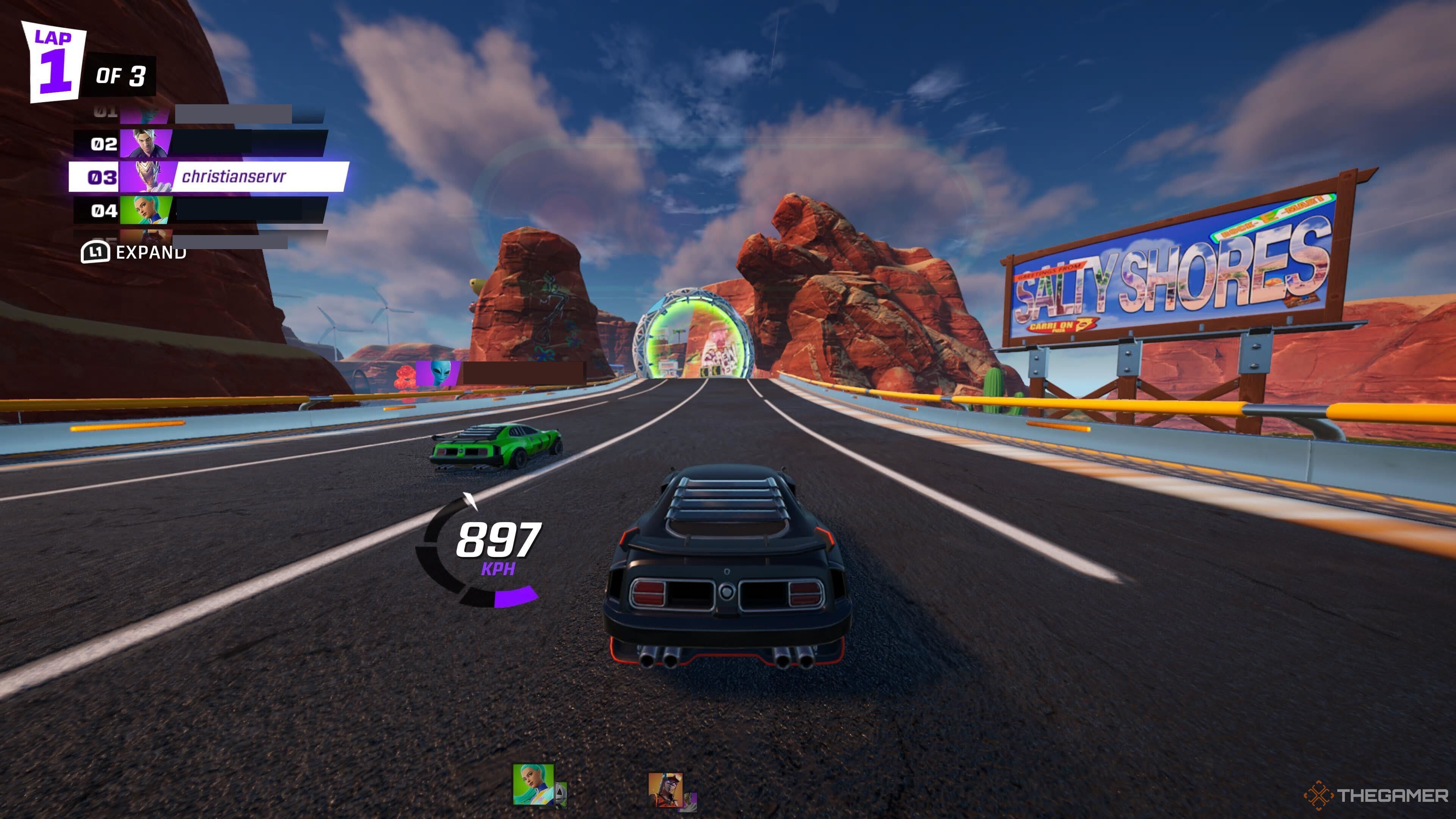 A screenshot showing gameplay from Fortnite's Rocket Racing mode, with the player's car going 897 kilometers per hour and in second place.
