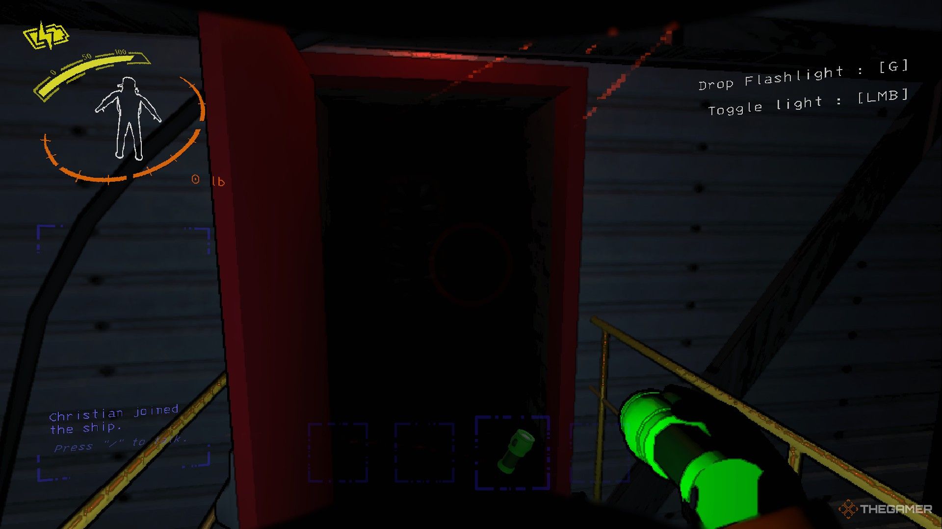 A screenshot from Lethal Company showing a Fire Exit door swung wide open, with nothing but pitch blackness inside, signifying a Mimic