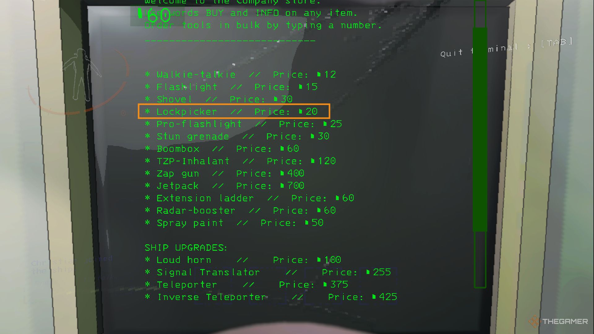 A screenshot from lethal Company showing the in-game store on the Terminal, with the Lockpicker item highlighted with an orange box for a price of 20 credits.