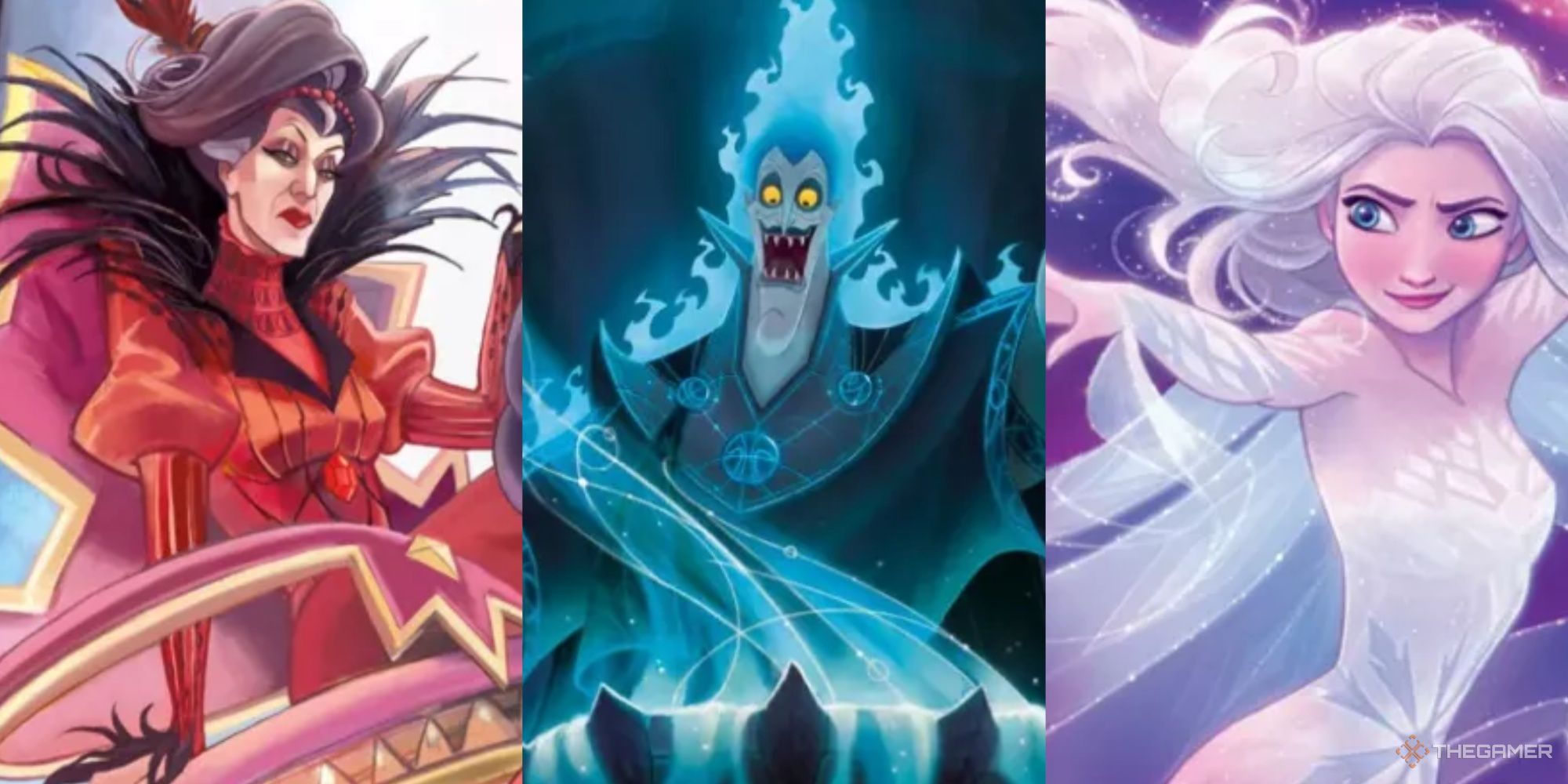 Lorcana 10 Best Control Cards Feature Image Featuring lady tremaine, hades, and elsa