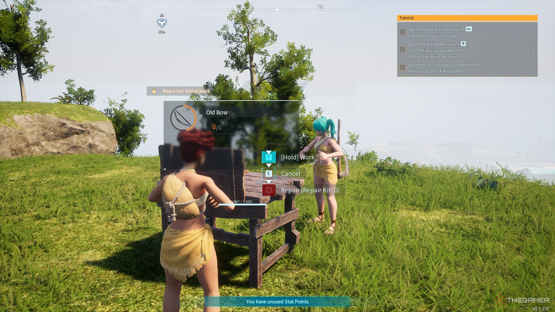 Palworld two players working at a crafting bench