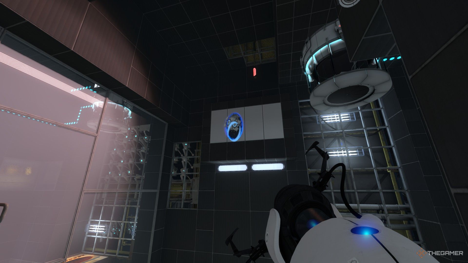 A screenshot from Portal Revolution showing a cube being launched through the portal