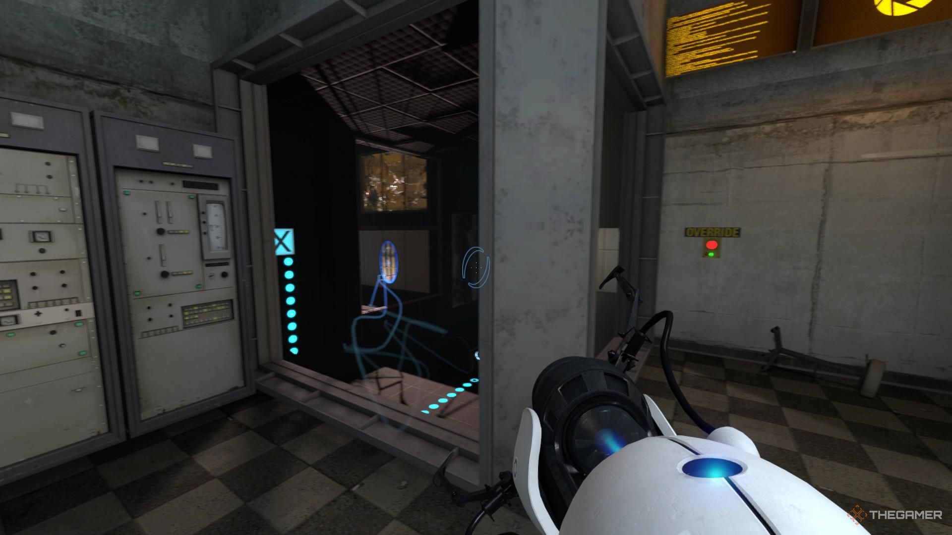 A screenshot from Portal Revolutions howing the player character looking from an observation room into a testing area, with a portal on the wall opposite them.