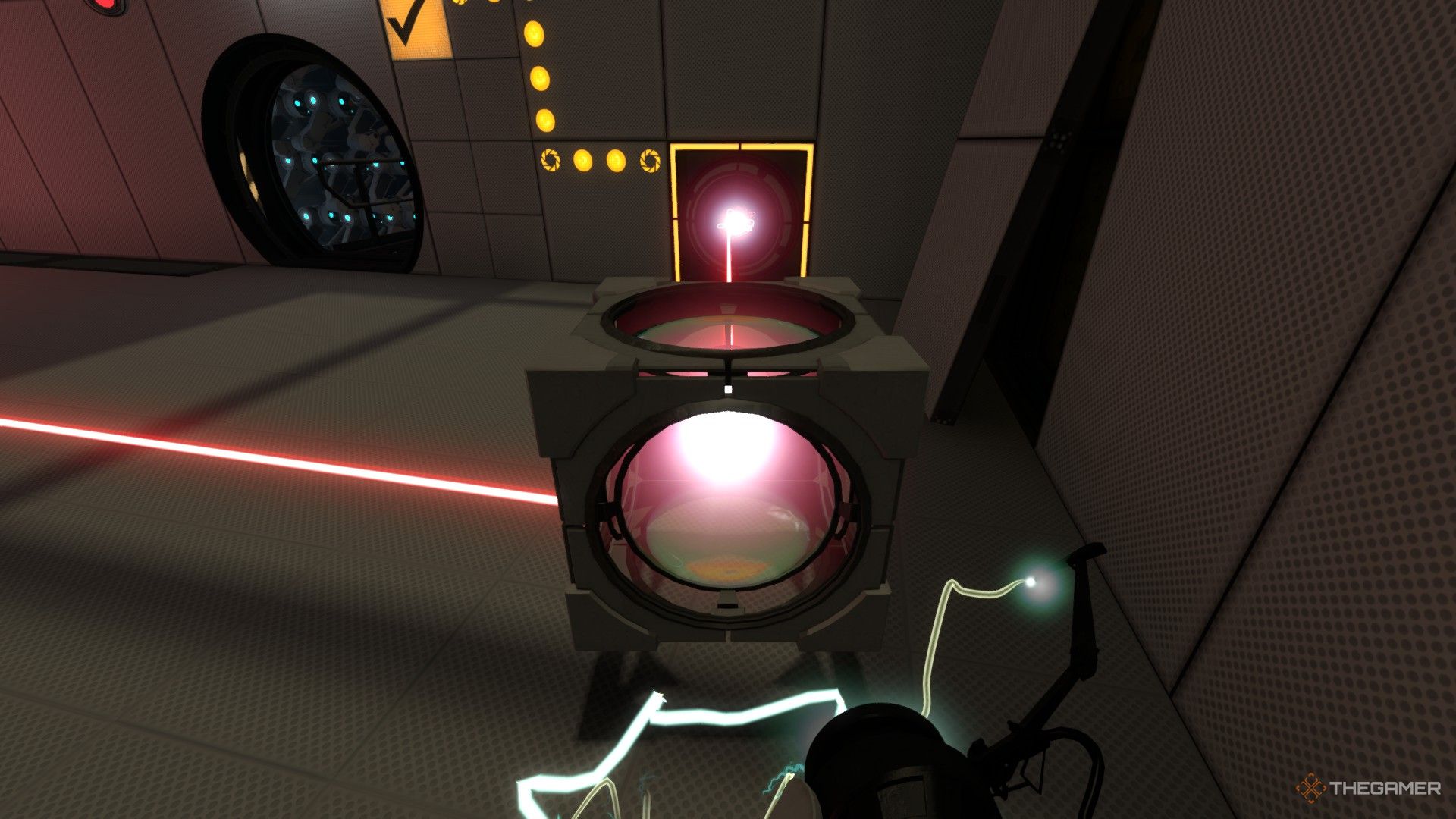 A screenshot from Portal Revolutions howing a prism cube being used to redirect a laser into a port that unlocks a door