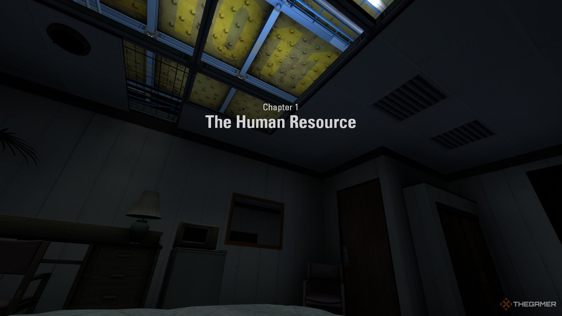 A screenshot from Portal: Revolution showing the player character having a POV in bed in their habitat cube, with text that reads 'Chapter 1: The Human Resource"