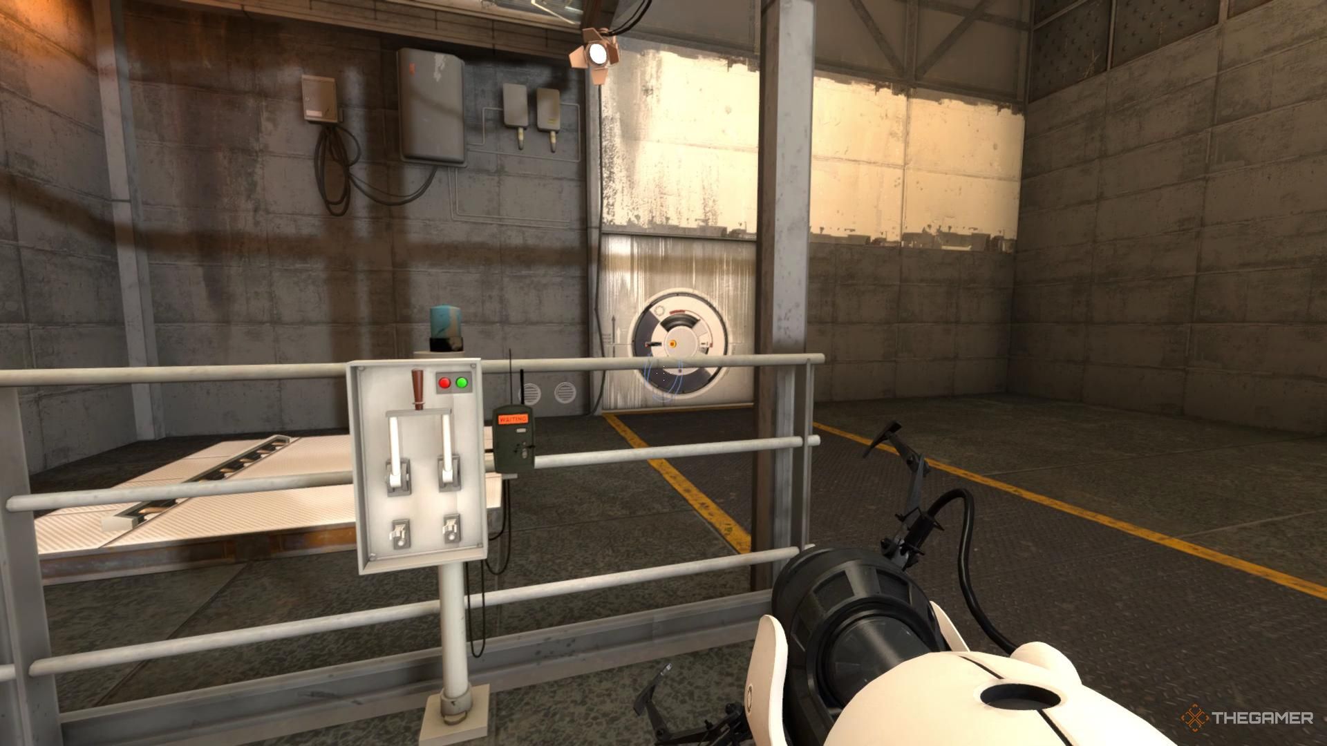 A screenshot from Portal Revolution showing the Bomb dispenser switch and platform.