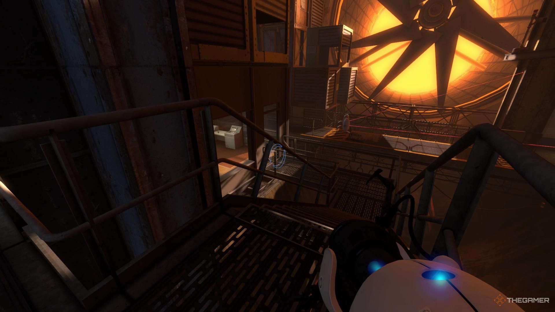 A screenshot from Portal Revolution Chapter Two showing a large fan on the far side of the room, with turrets on the walkway in front of it