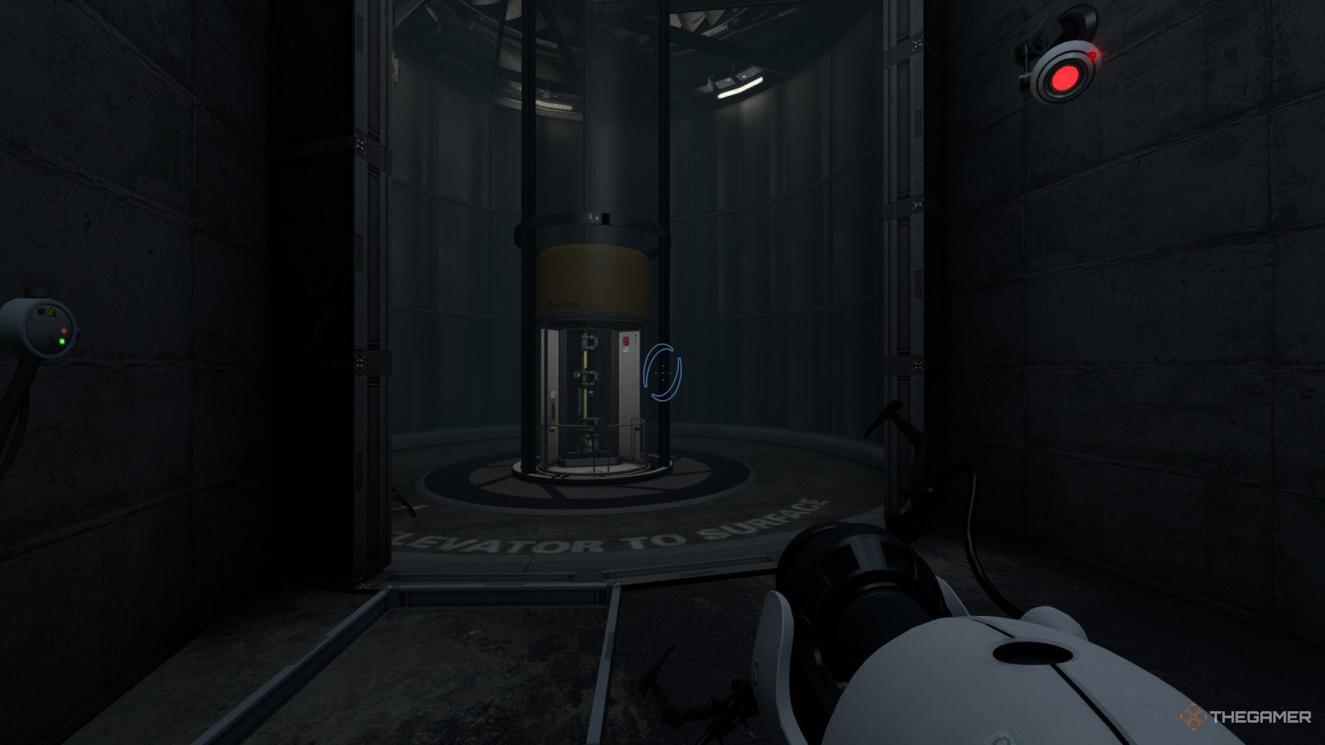 A screenshot from Portal Revolution showing the player character looking at a tube elevator with a red-eyed camera watching them