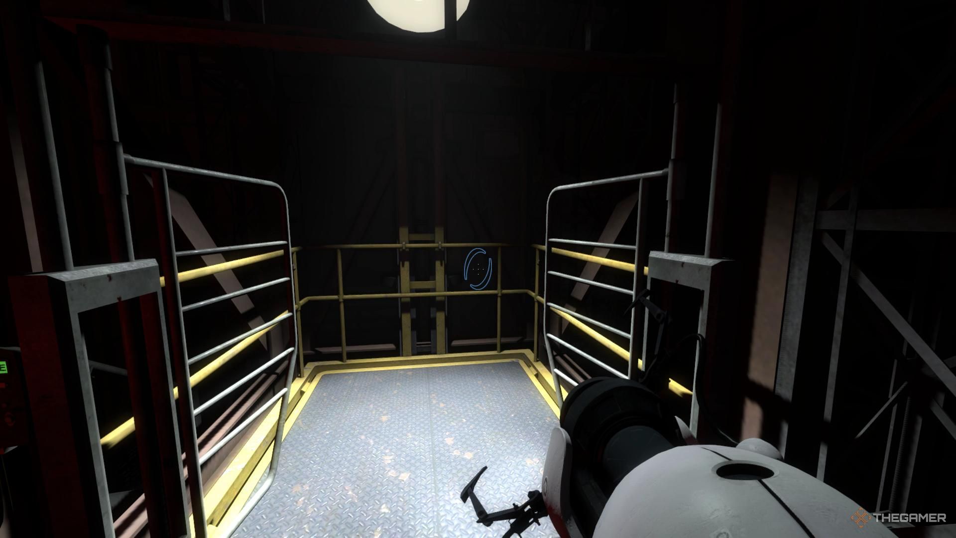 A screenshot from Portal: Revelution showing the player character looking into a square elevator with yellow rails and a light above it.