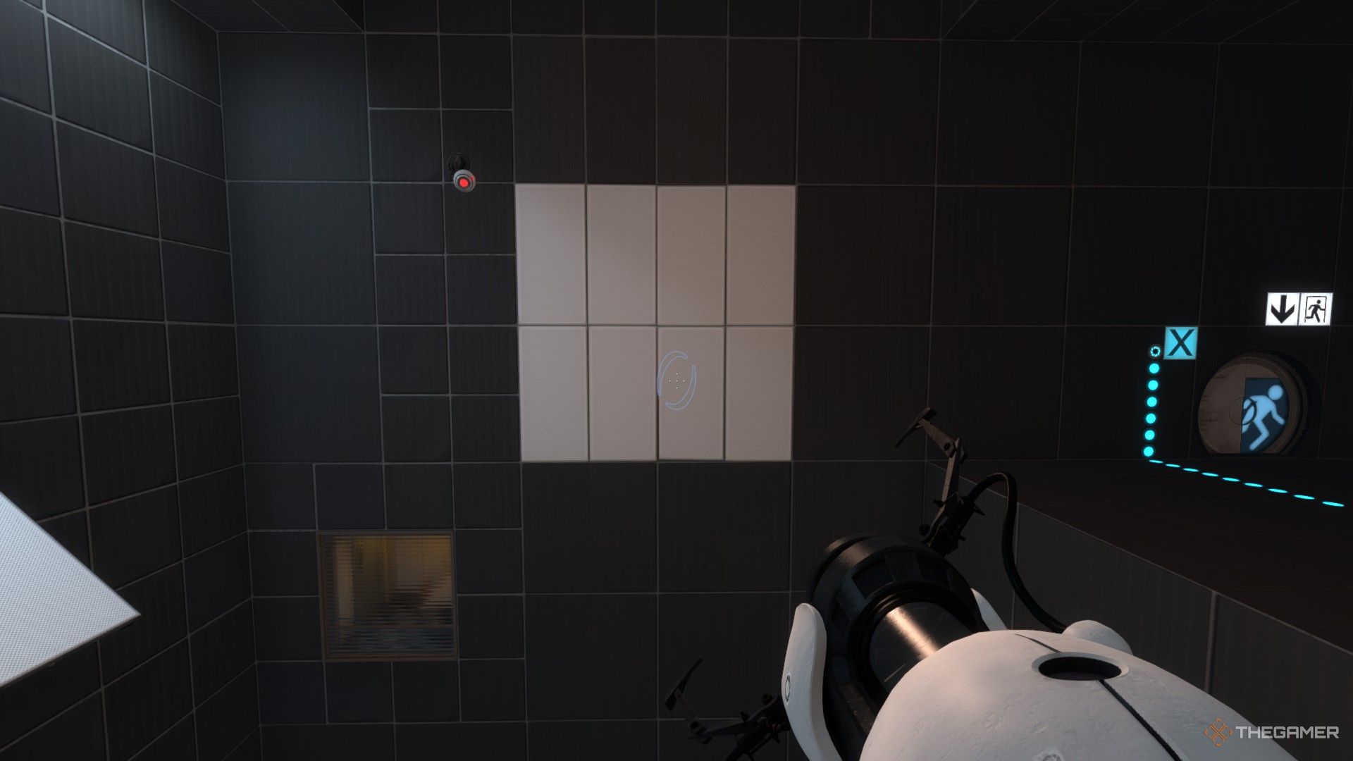 A screenshot from Portal Revolution showing the Player Character being launched toward a wall with a camera next to it