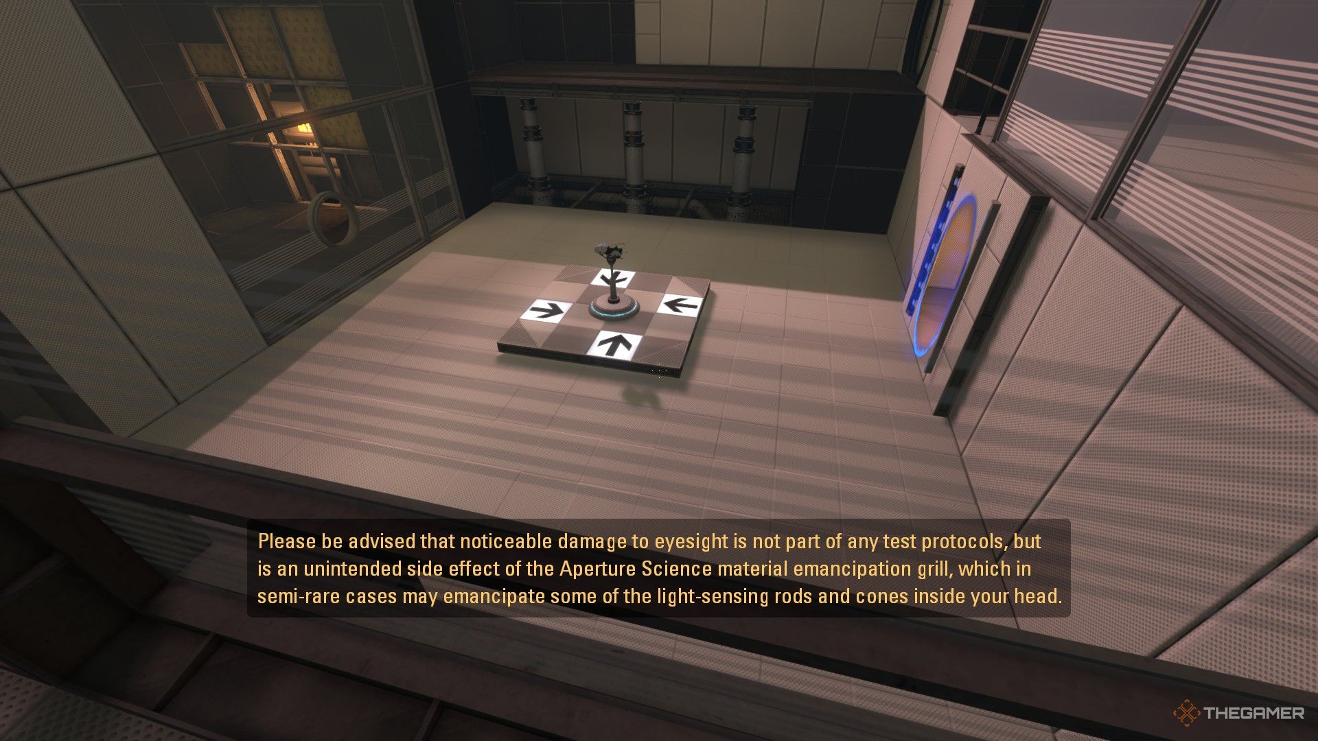 A screenshot from Portal Revolution with a Portal Gun aimed at a Blue Portal behind a glass wall, inaccessible to the player.  A robot voice warns of damage to eyesight due to tests.