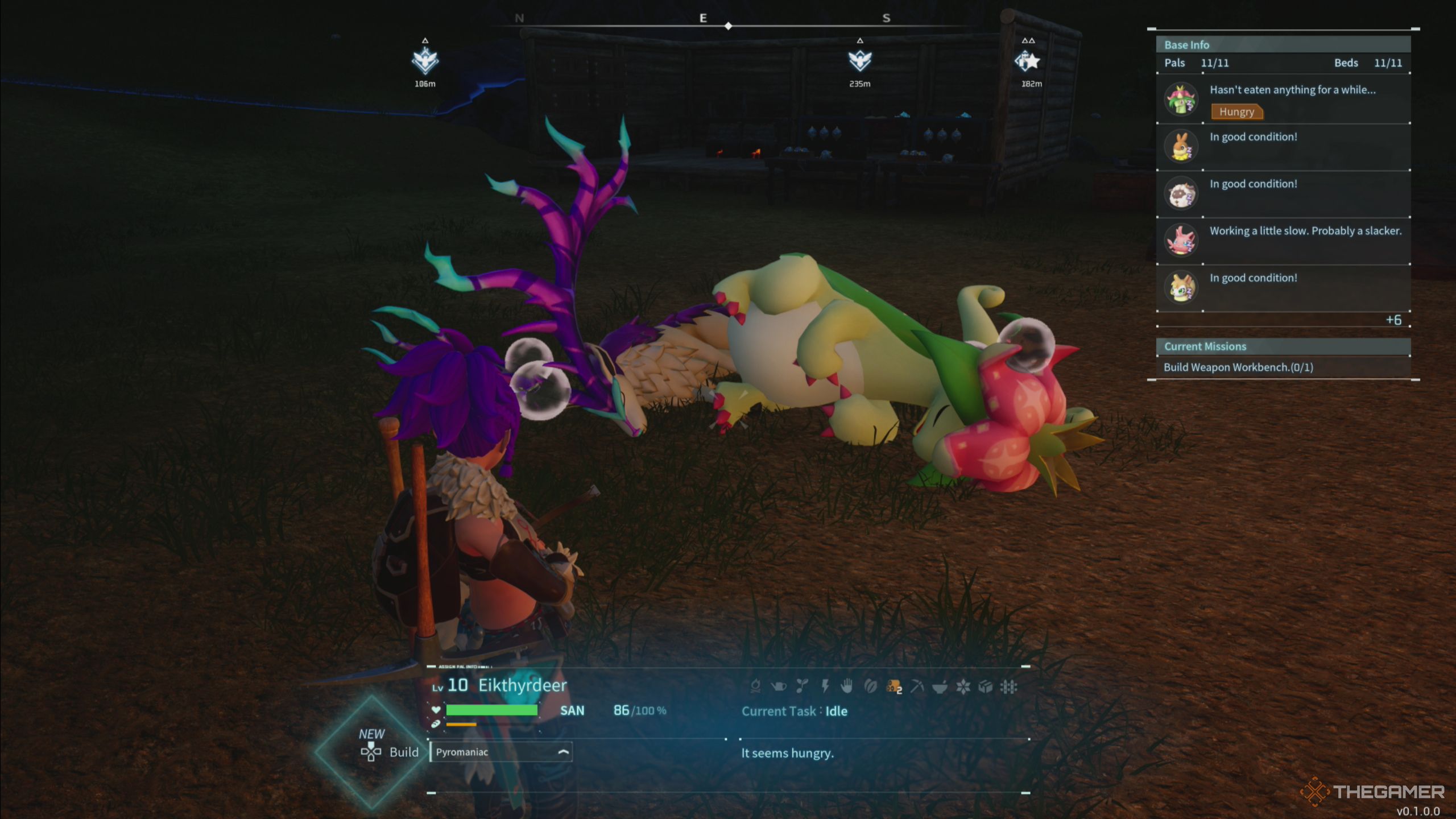Palworld: two large pals sleeping on the ground because there are no beds big enough