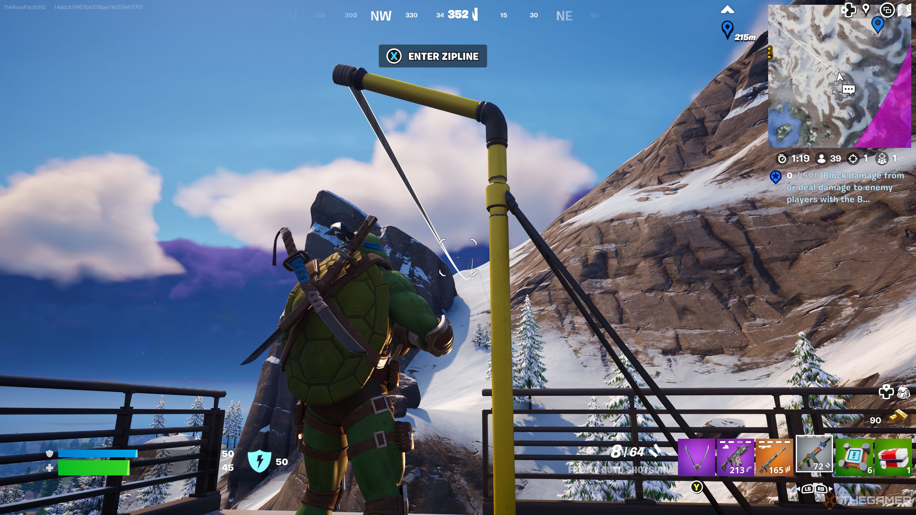 Standing below the zip line which will take you part of the way up the summit in Fortnite Chapter 5.