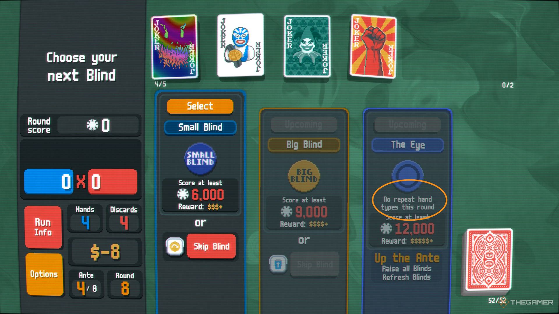 A screenshot from Balatro showing the Blind selection screen, with an orange circle over the Boss Blind condition that reads 'No repeat hand types this round'