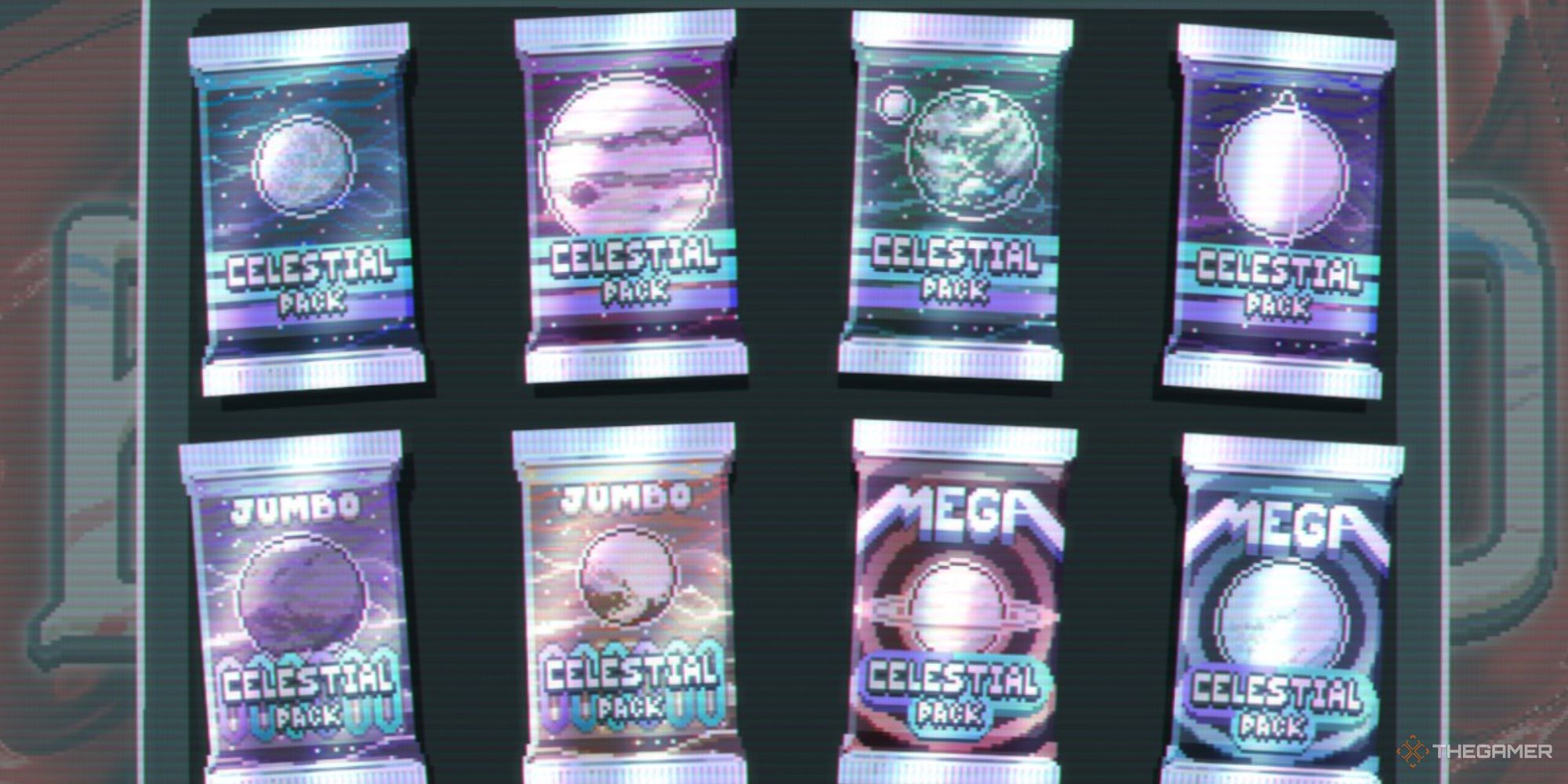 A screenshot from Balatro showing Celestial Booster Packs ranging from standard to Mega in size.