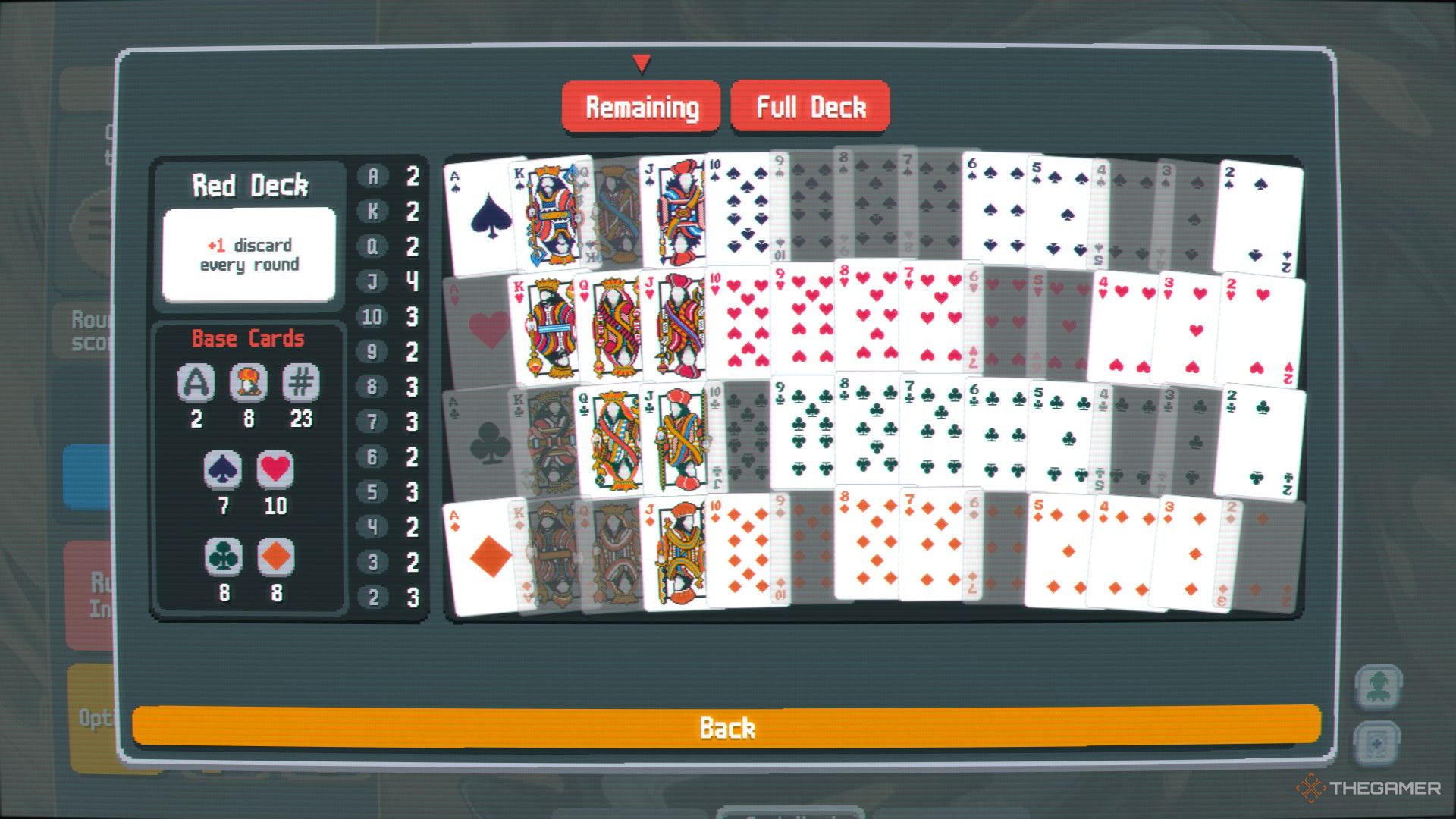 A screenshot from Balatro showing the remaining cards in a deck during a run.