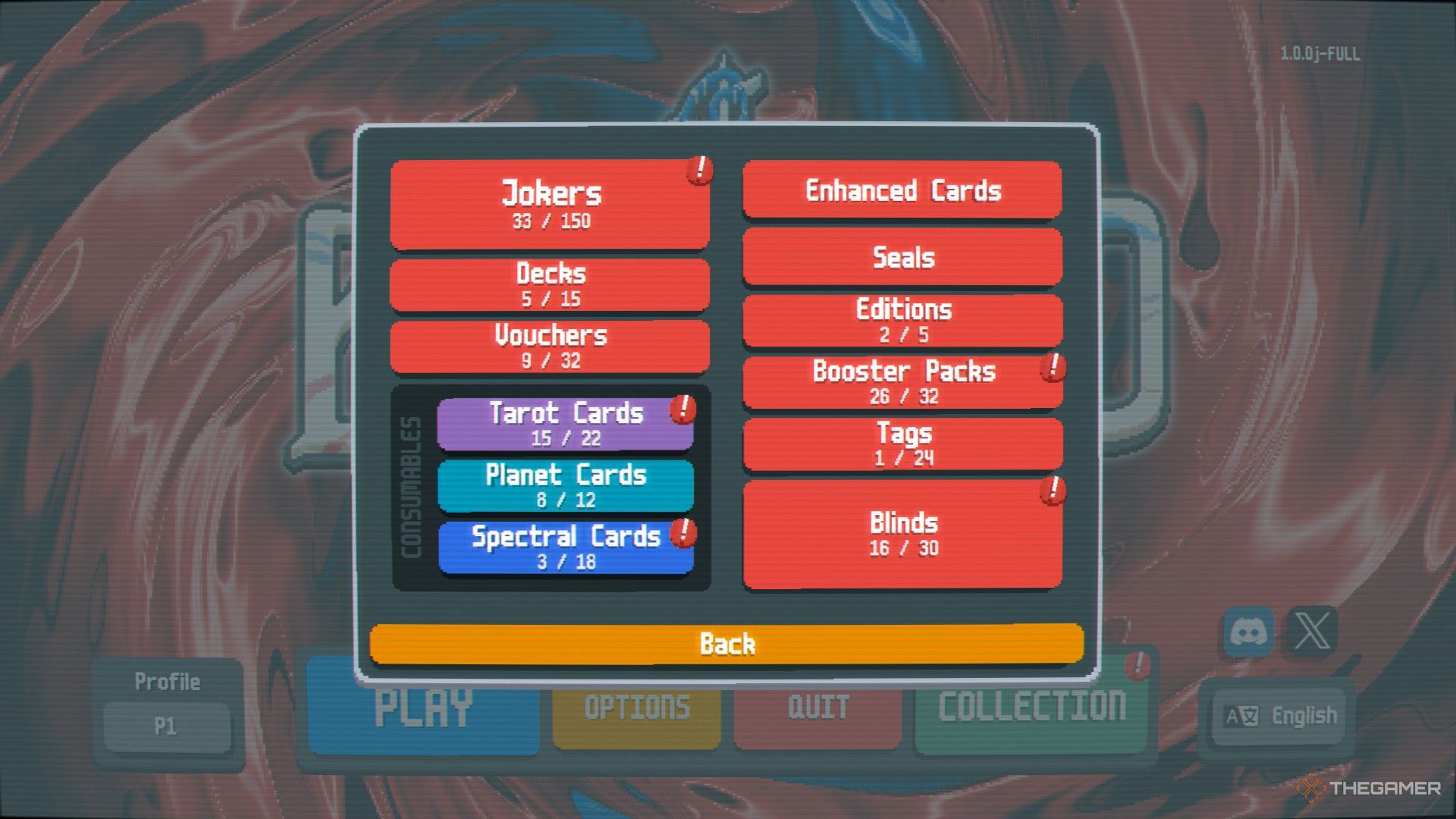 A screenshot from Balatro showing the menu screen for the Collection, with options to view all unlocked Jokers, Decks, Vouchers, Tarot Cards, Planet Cards, Spectral Cards, Editions, Booster Packs, Tags, and Blinds. 