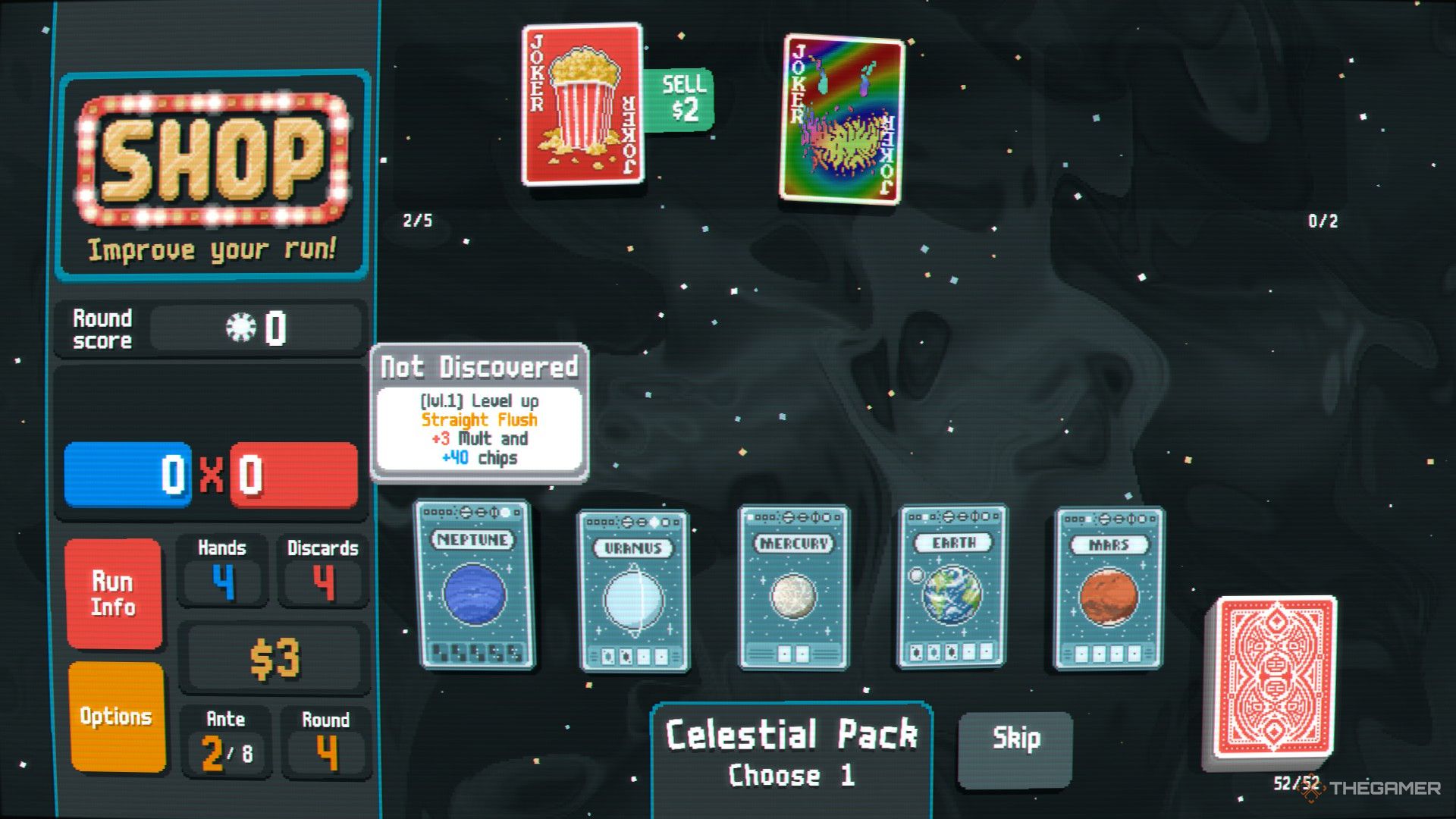 A screenshot from Balatro showing five planet cards as part of a 'Celestial Pack,' with players being tasked with picking one to invest in. 