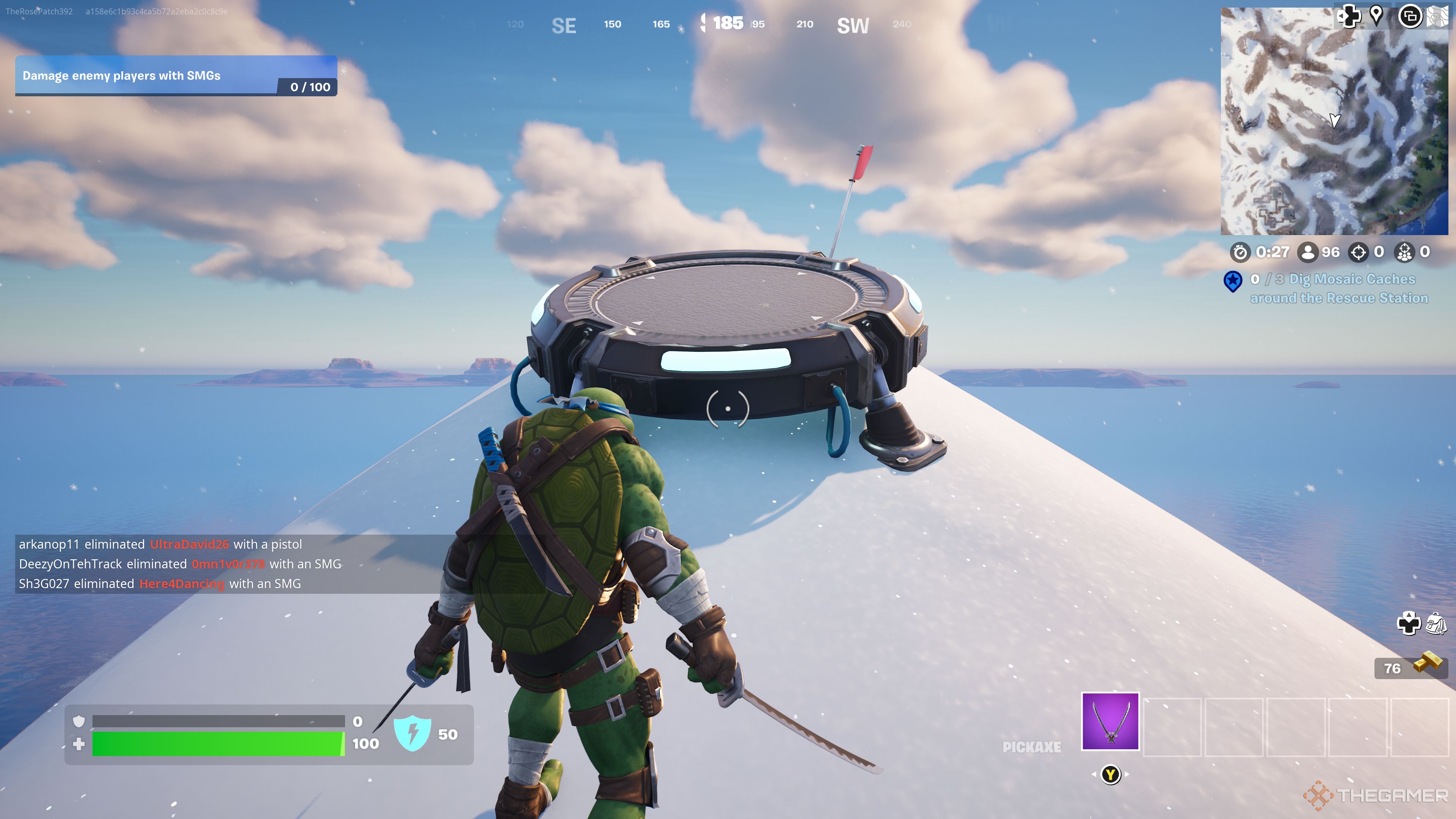 At the top of Superior Summit standing in front of a launch pad in Fortnite Chapter 5.