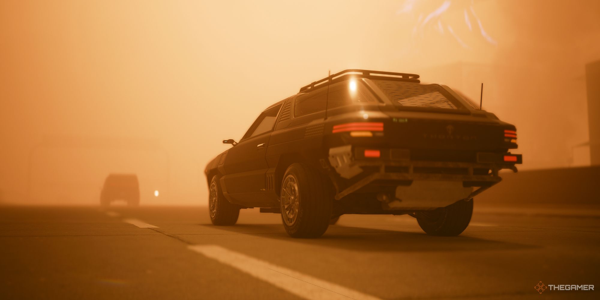 Car driving on the highway in Cyberpunk 2077
