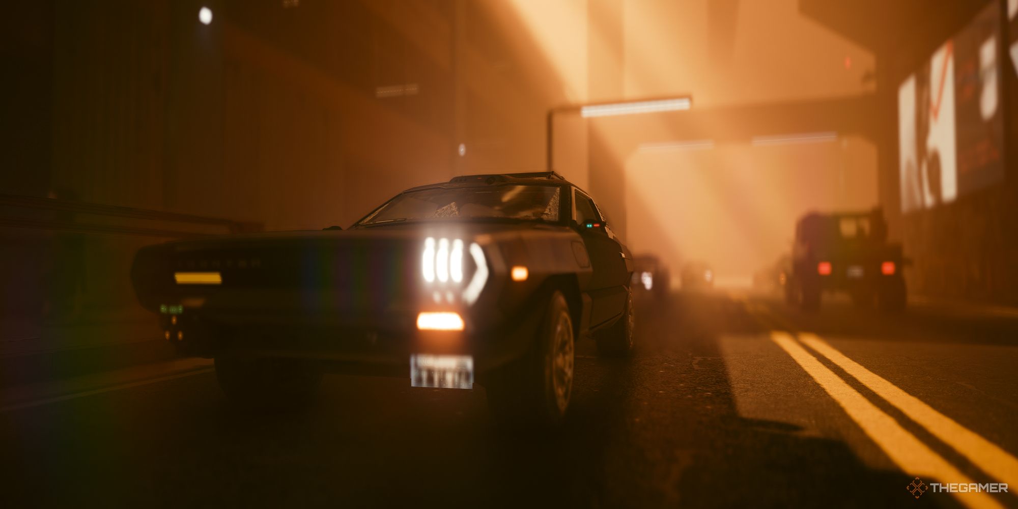 Car driving down the street in Cyberpunk 2077