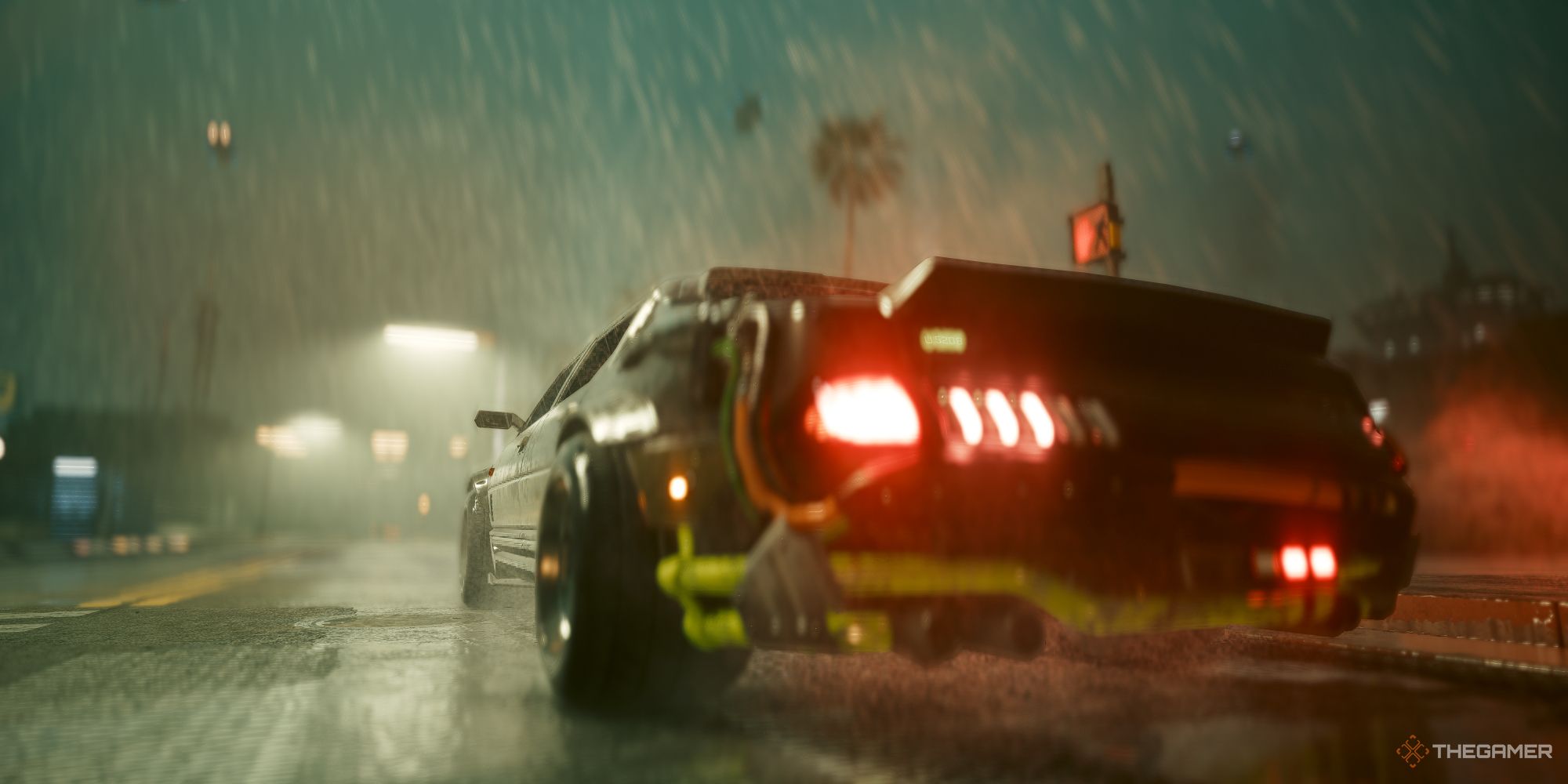 Car driving in the rain in Cyberpunk 2077