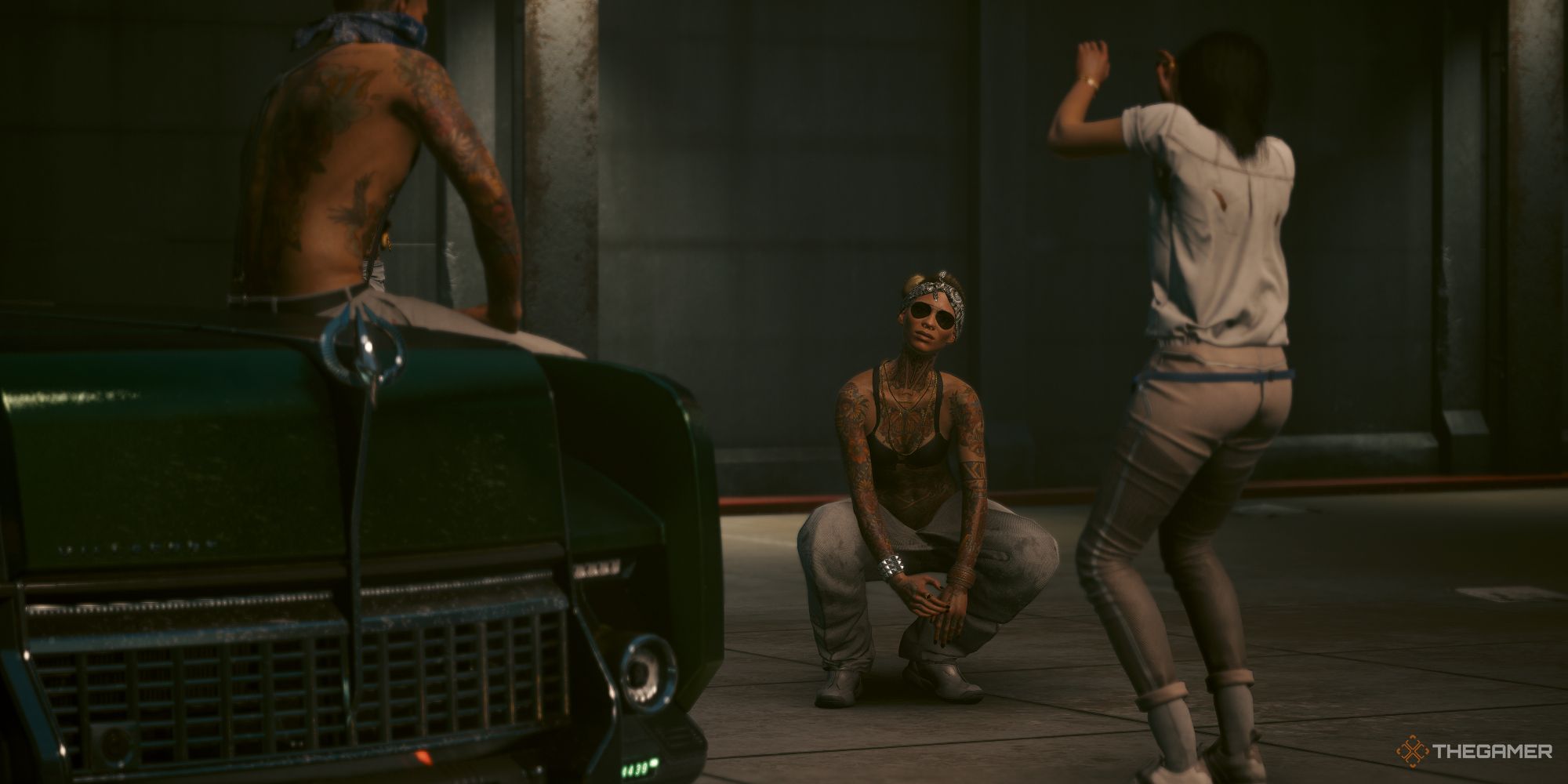 Gang members dancing next to a parked car in Cyberpunk 2077