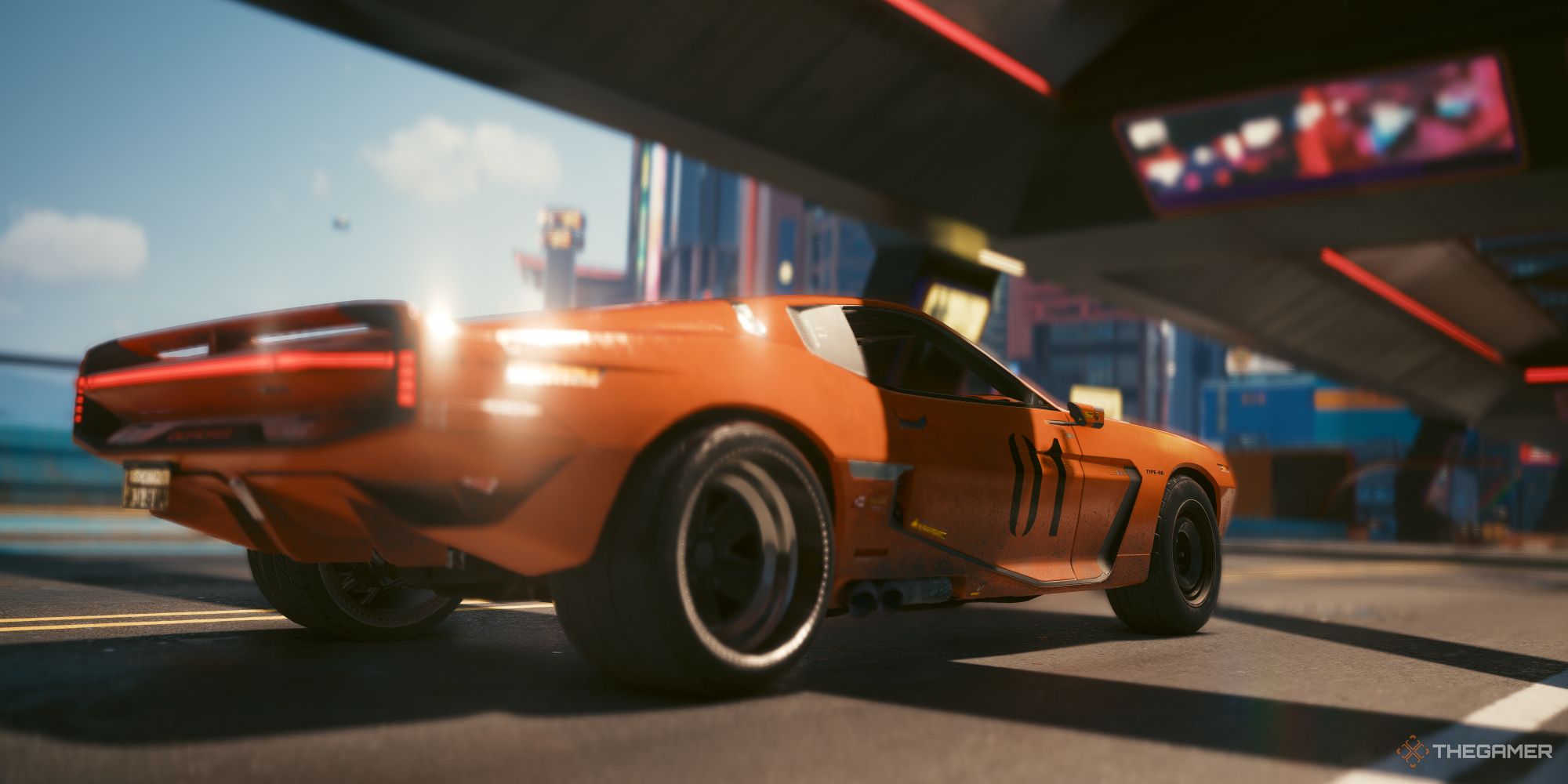 A sports car driving down the street in Cyberpunk 2077