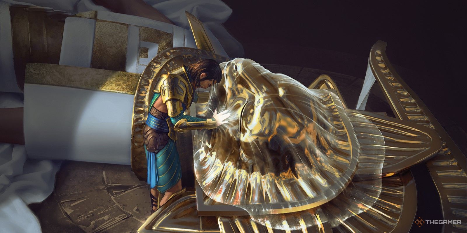 A man in Egyptian dress paying respects to a fallen monument.