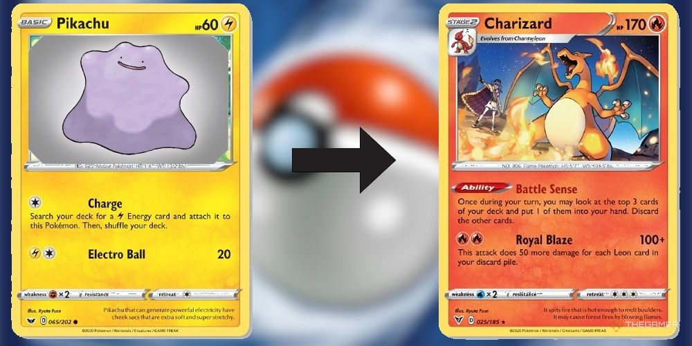 Ditto disguised as Pikachu evolving into Charizard
