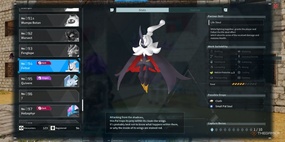 Felbat's info page in Palworld