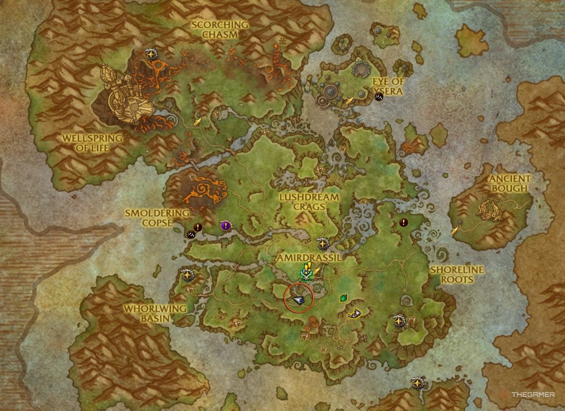 The Emerald Dream zone with the location of the Smoldering Sprout circled