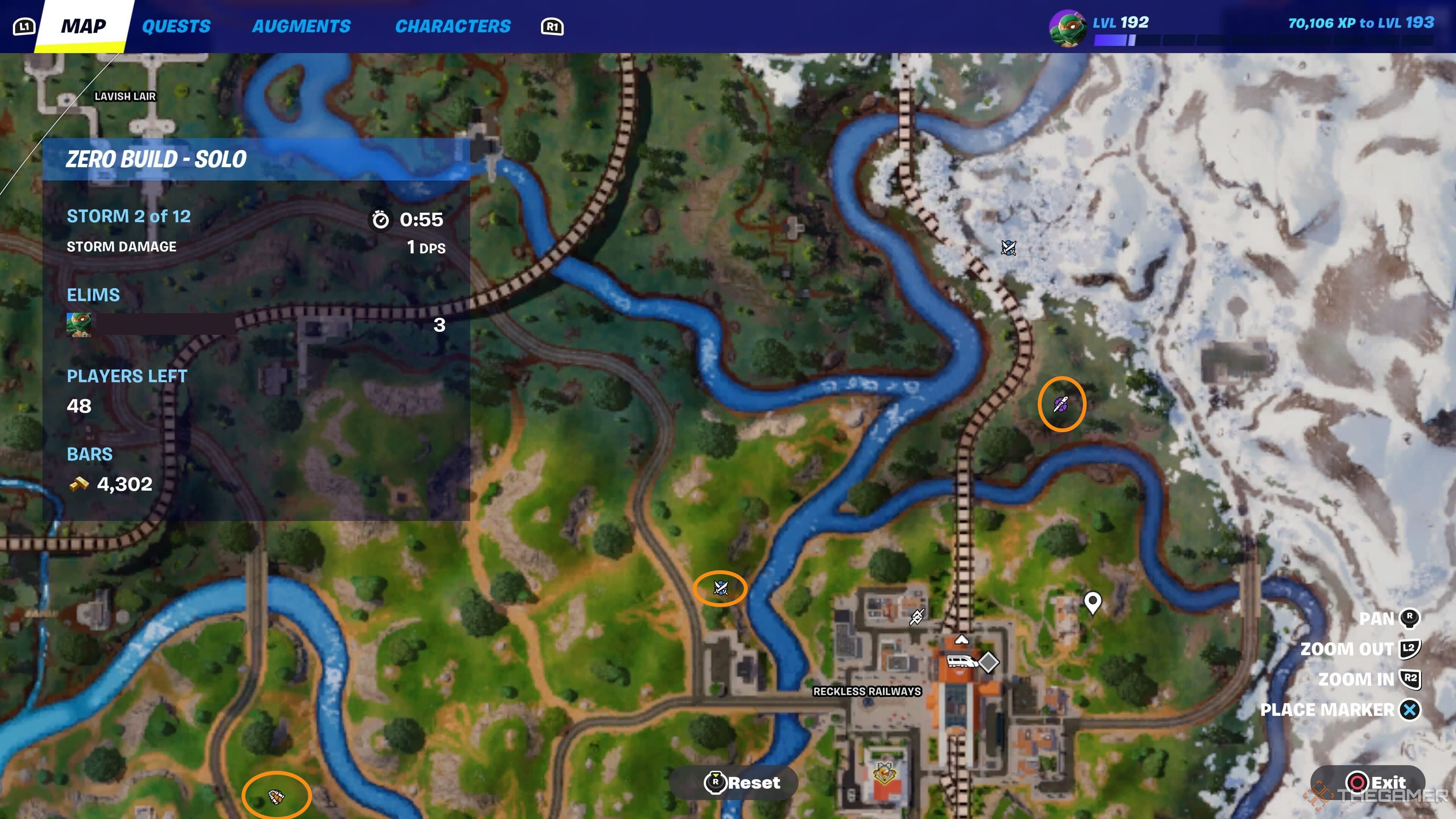 A screenshot from Fortnite Chapter Five's TMNT event, showing the map icons of TMNT Supply drops, with orange circles highlighting three of them in a diagonal line. 