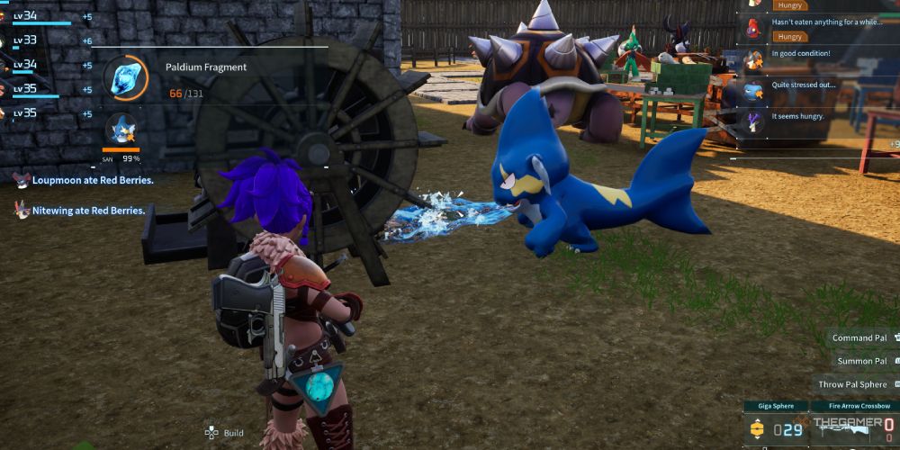 Gobfin powering the crusher with water in Palworld