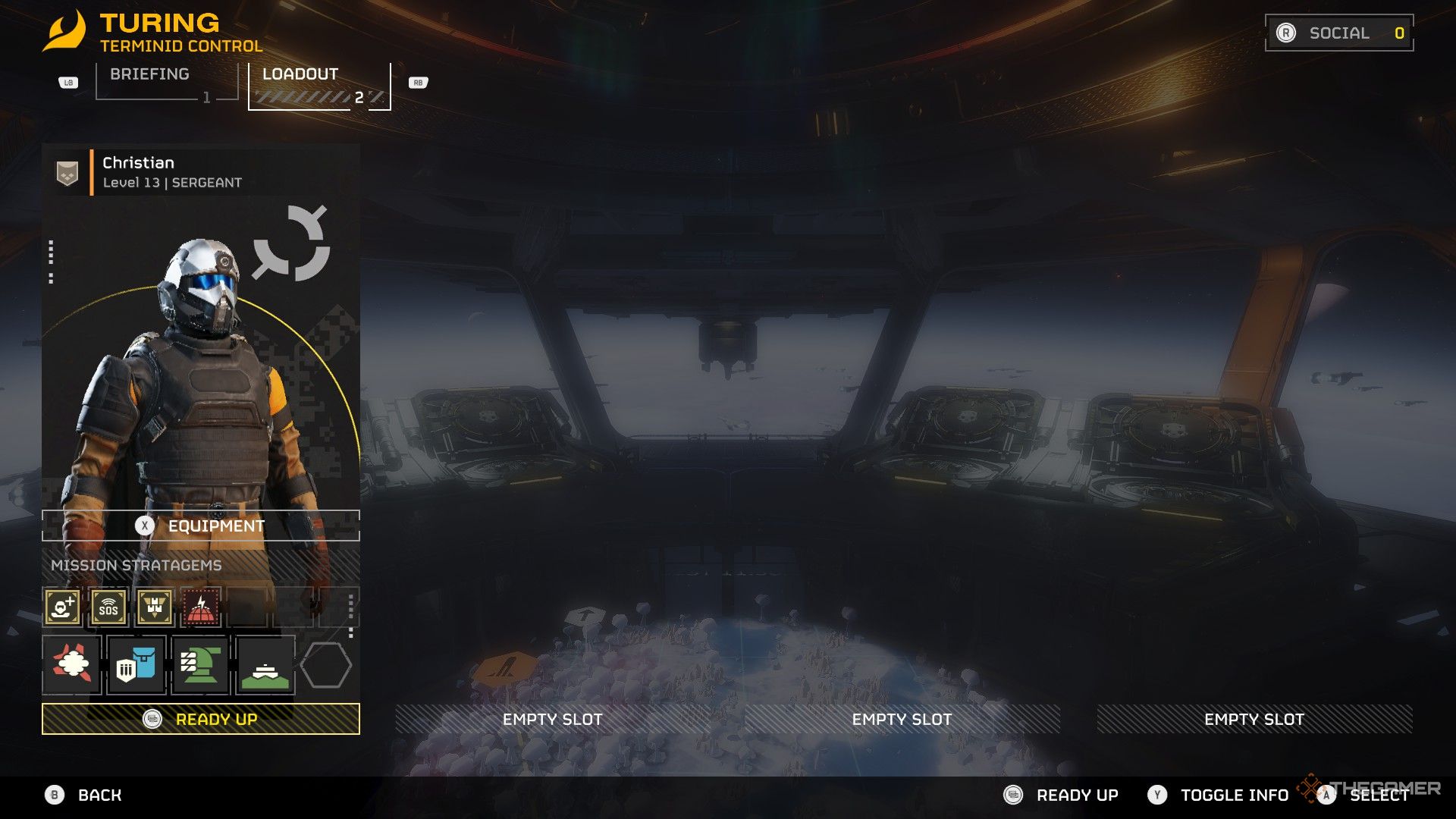 A screenshot of the pre-game lobby screen in Helldivers 2 with the only player character in the lobby selecting a smoke screen, a ballistic shield, an autocannon turret, and an anti-personnel minefield as their strategems.