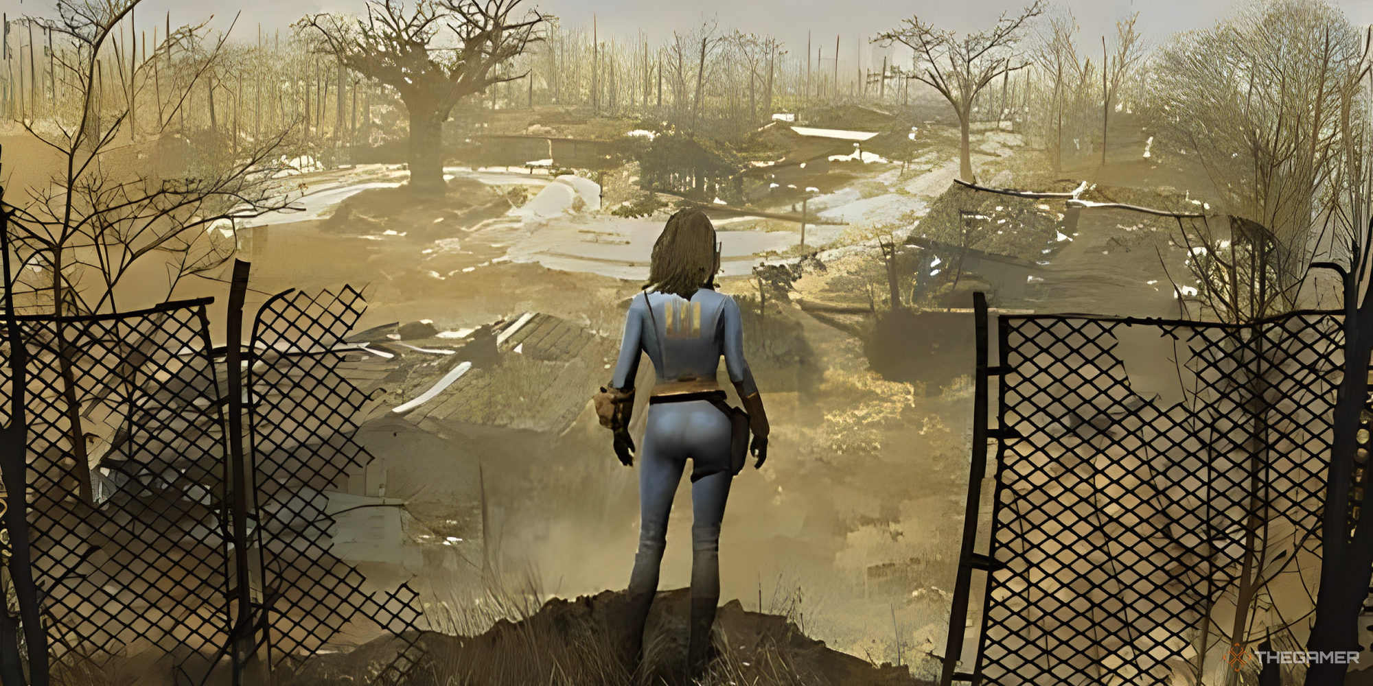 The Sole Survivor looking down on a ruined village.