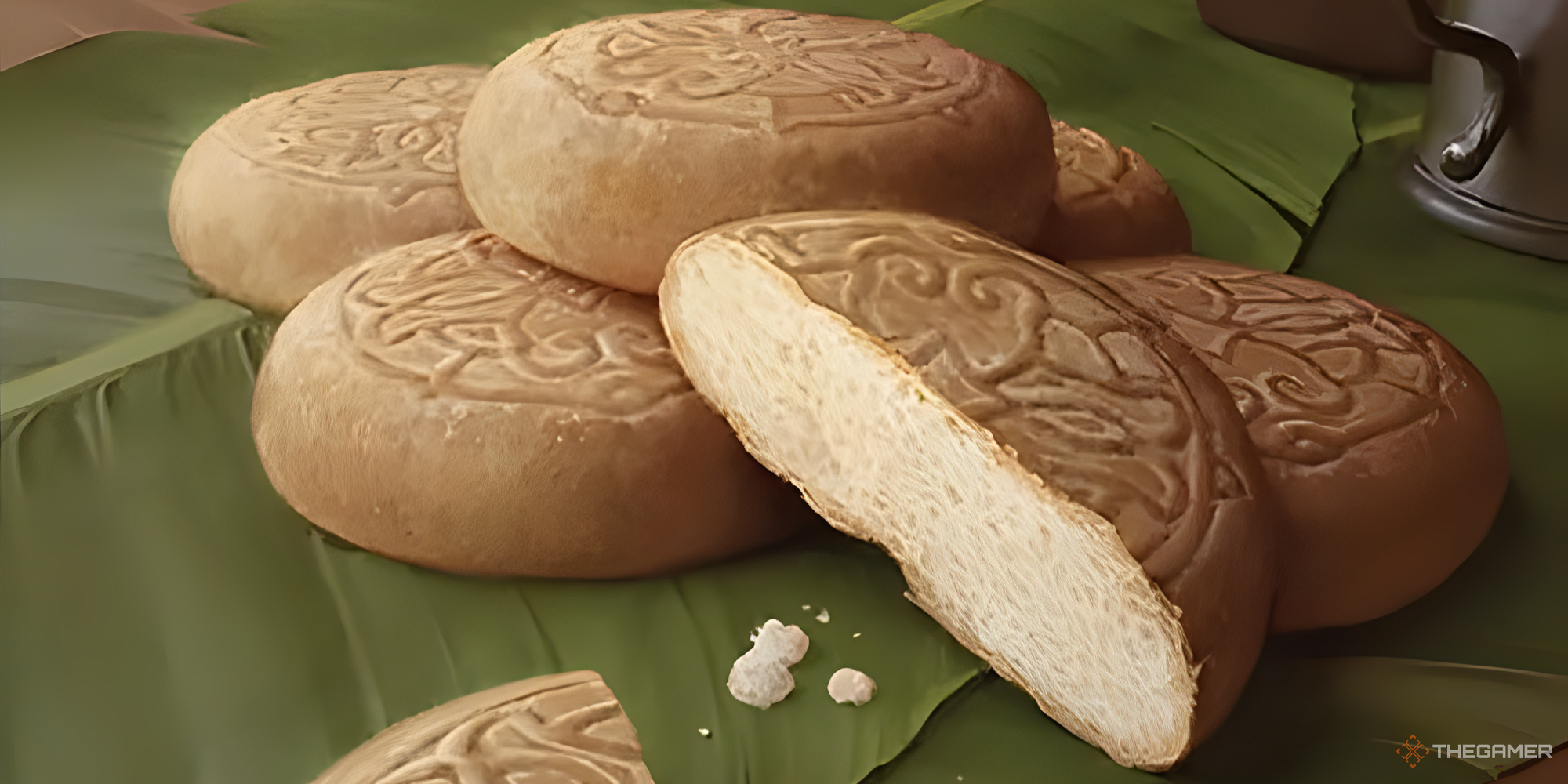 A stack of Lembas bread on leaf wrappers.