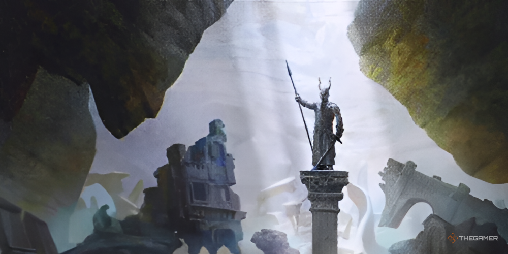 A statue on a podium surrounded by ruins.