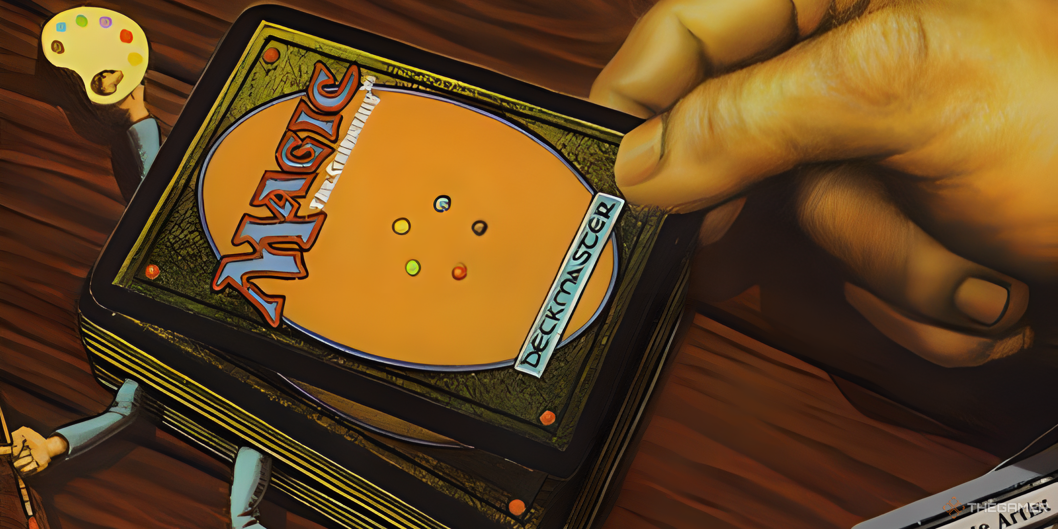 An artist being crushed under a Magic card.