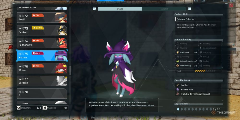 Katress's info page in Palworld