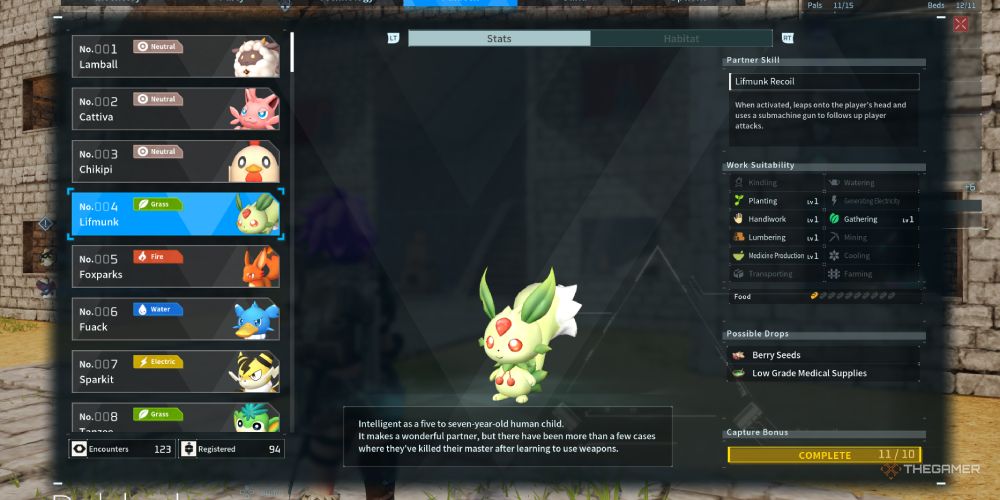 Leafmunk's info page in Palworld