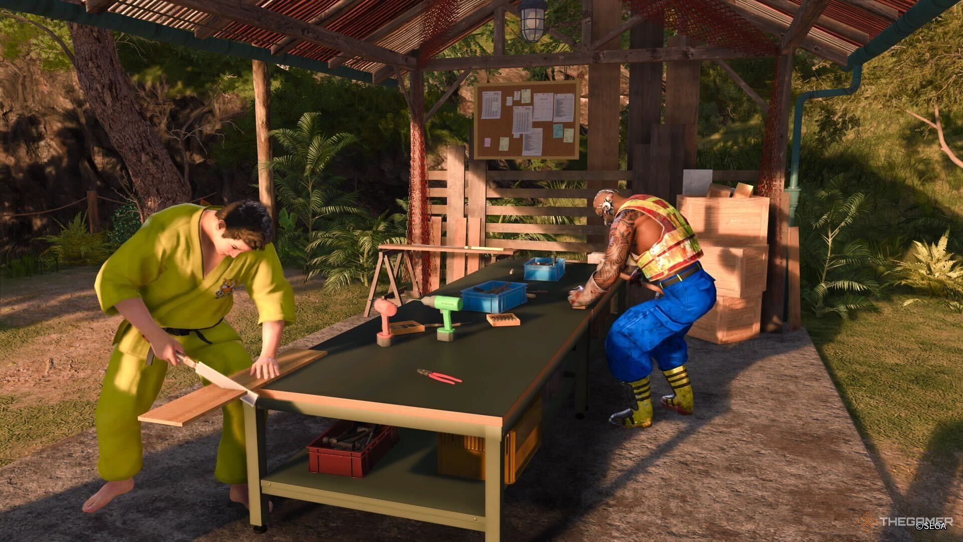 A screenshot from Like a Dragon: Infinite Wealth's Dondoko Farm where two Sujimon, one in a yellow Gi and a large man in a construction outfit, are working.