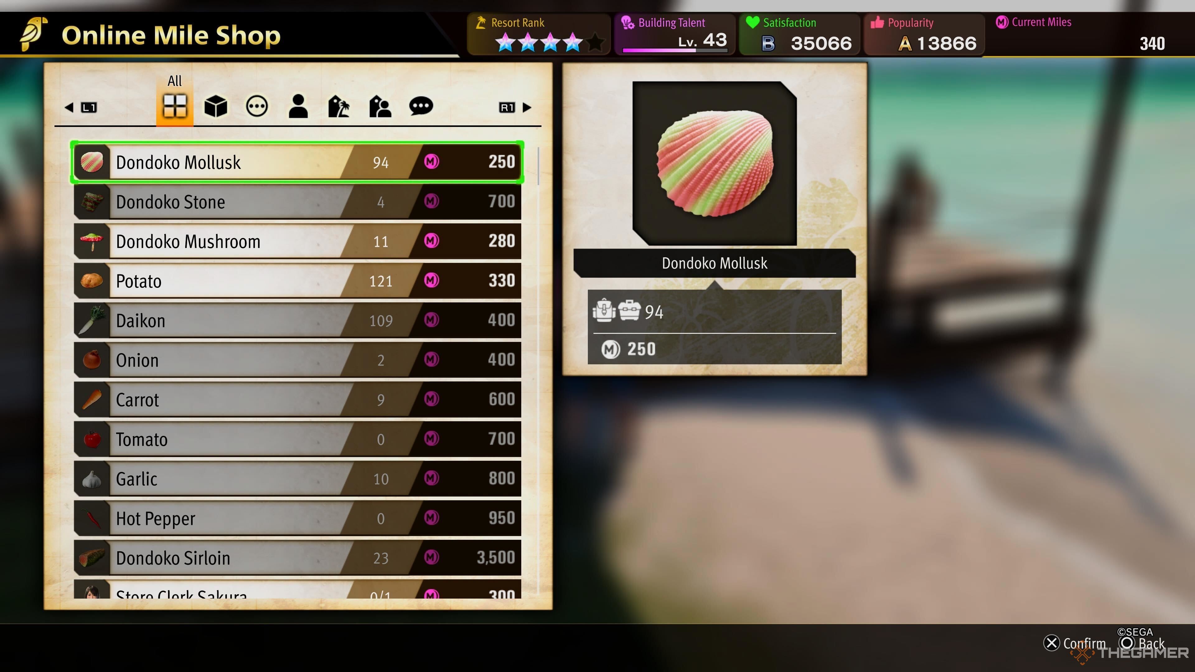 A screenshot from Like a Dragon: Infinite Wealth showing the Dokomiles Shop section with crafting materials being sold for a range of the currency from 200 to 3,500 Dokomiles.