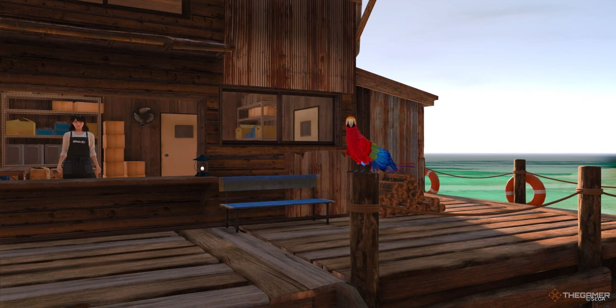 A screenshot from Like a Dragon: Infinite Wealth's Dondoko Farm, showing PingWing the Parrot perched on  the side of a dock. A young woman in an apron can be seen standing at the window of a shack a short distance away.