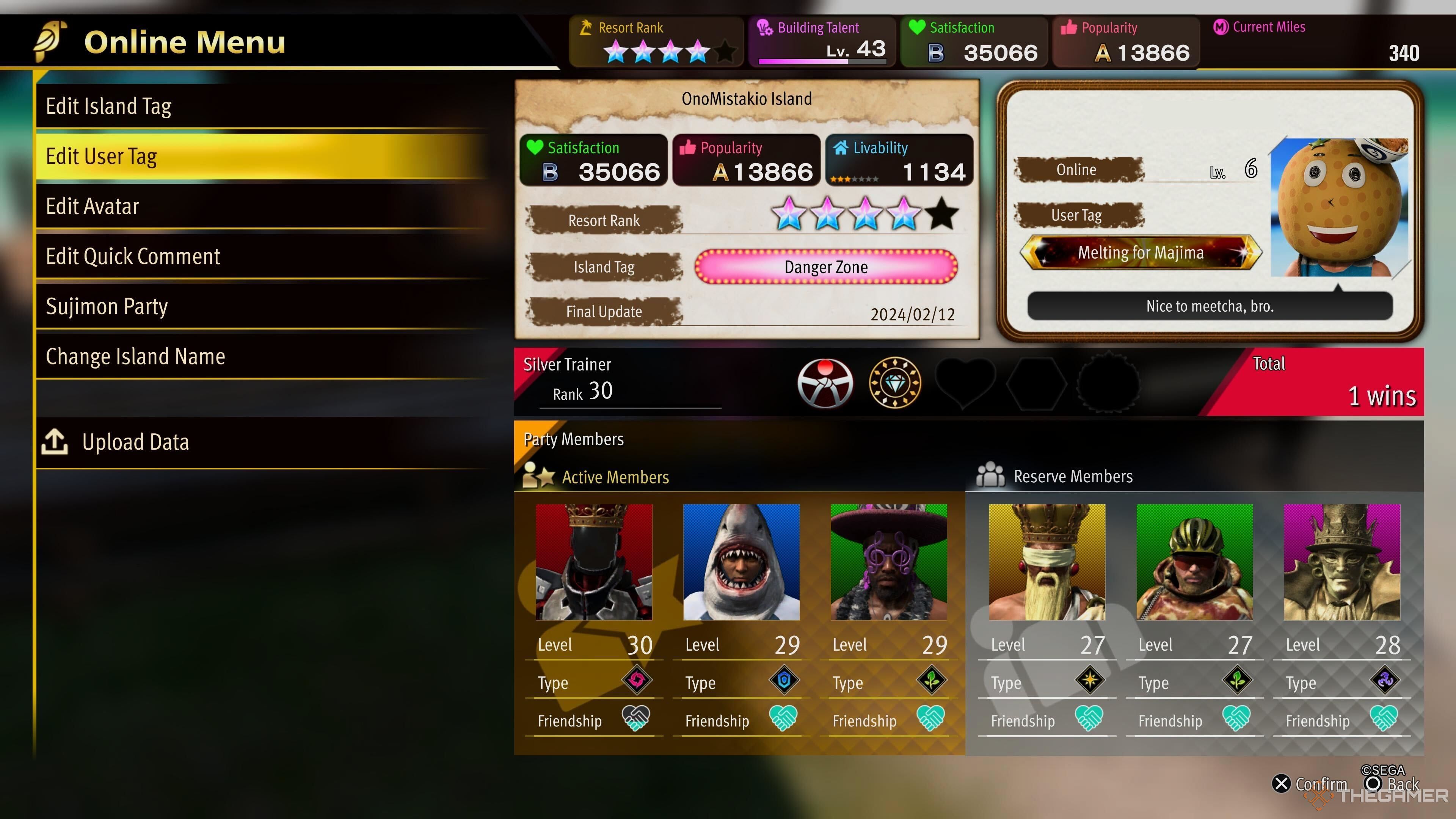 A screenshot from Like a Dragon: Infinite Wealth showing the user profile screen for uploading to Dondoko Island online mode, including a personal description, island description, and Sujimon Party.